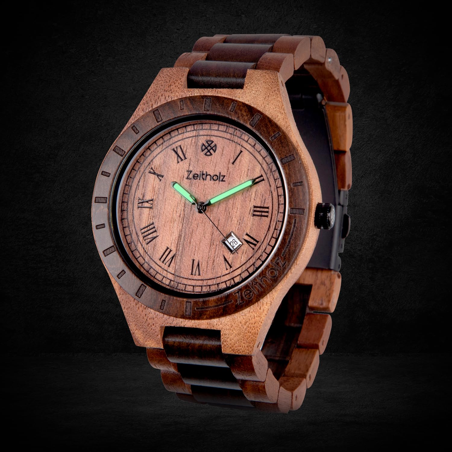 Orologio in Legno da Uomo, Modello Zittau: Fatto a mano in noce e sandalo naturale 100% con movimento al quarzo, lancette luminose e calendario mensile. (Noce)