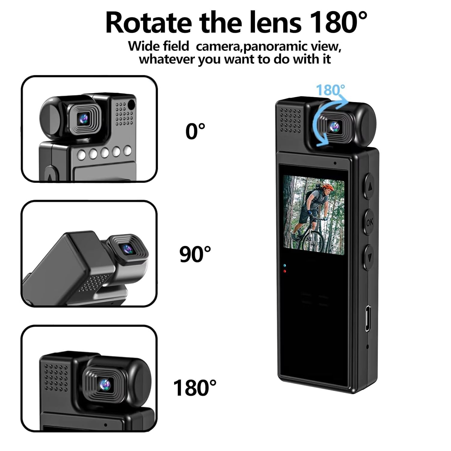 Dkian L9 Mini Camera lens rotating 180 degrees, showing 0, 90, and 180 degree positions.