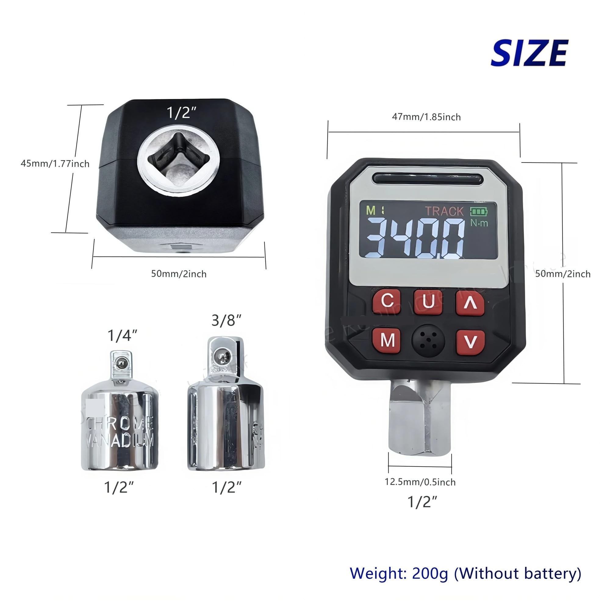 Cyfrowy adapter dynamometryczny Napęd 1/2" z dokładnością ±2%, konwersją czterech jednostek i pamięcią 500, 9 presetów, wyświetlacz LED Łatwe czytanie(17-340Nm)