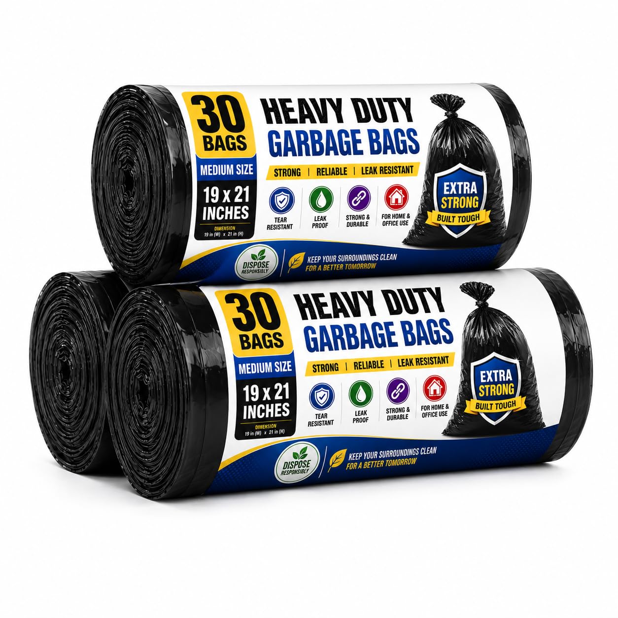 Heavy Duty Garbage Bags Medium Size | 30 Bags | 19 x 21 Inches | 25 Litres Capacity | Black Dustbin Covers for Dry | Leak Resistant Garbage Cover for Home, Kitchen, Office (Pack of 90 Count (3 Rolls))-picture-10