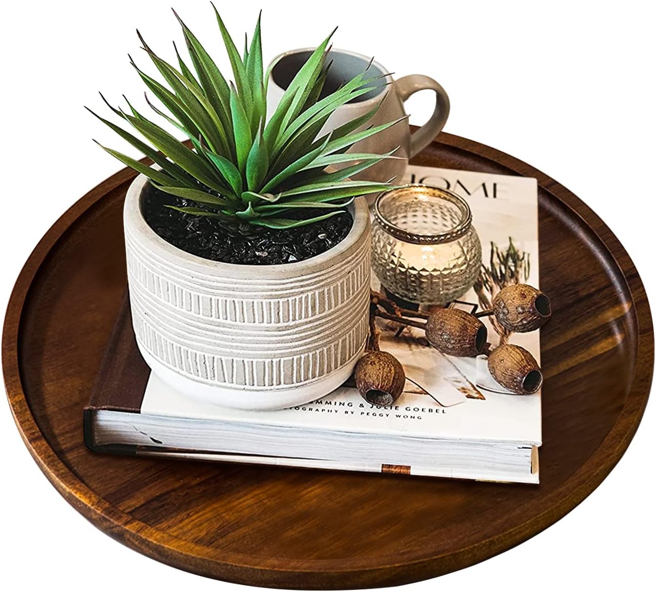 ICAROOM Rustic Wooden Serving Tray Round Wood for Coffee