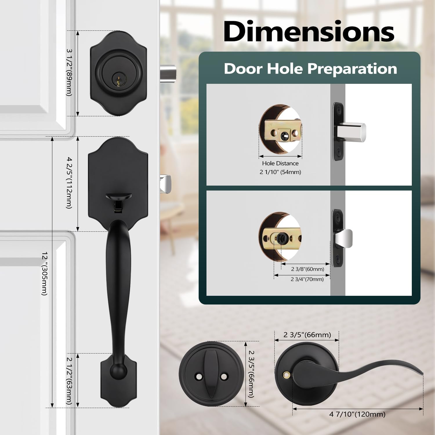 EHOMEWARE 1 Pack Double Front Door Lock Set, Black Front Door Handle with Deadbolt, Exterior Door Lock Set with Dummy, Modern Wave Entry Door Handle, Reversible for Left & Right Doors