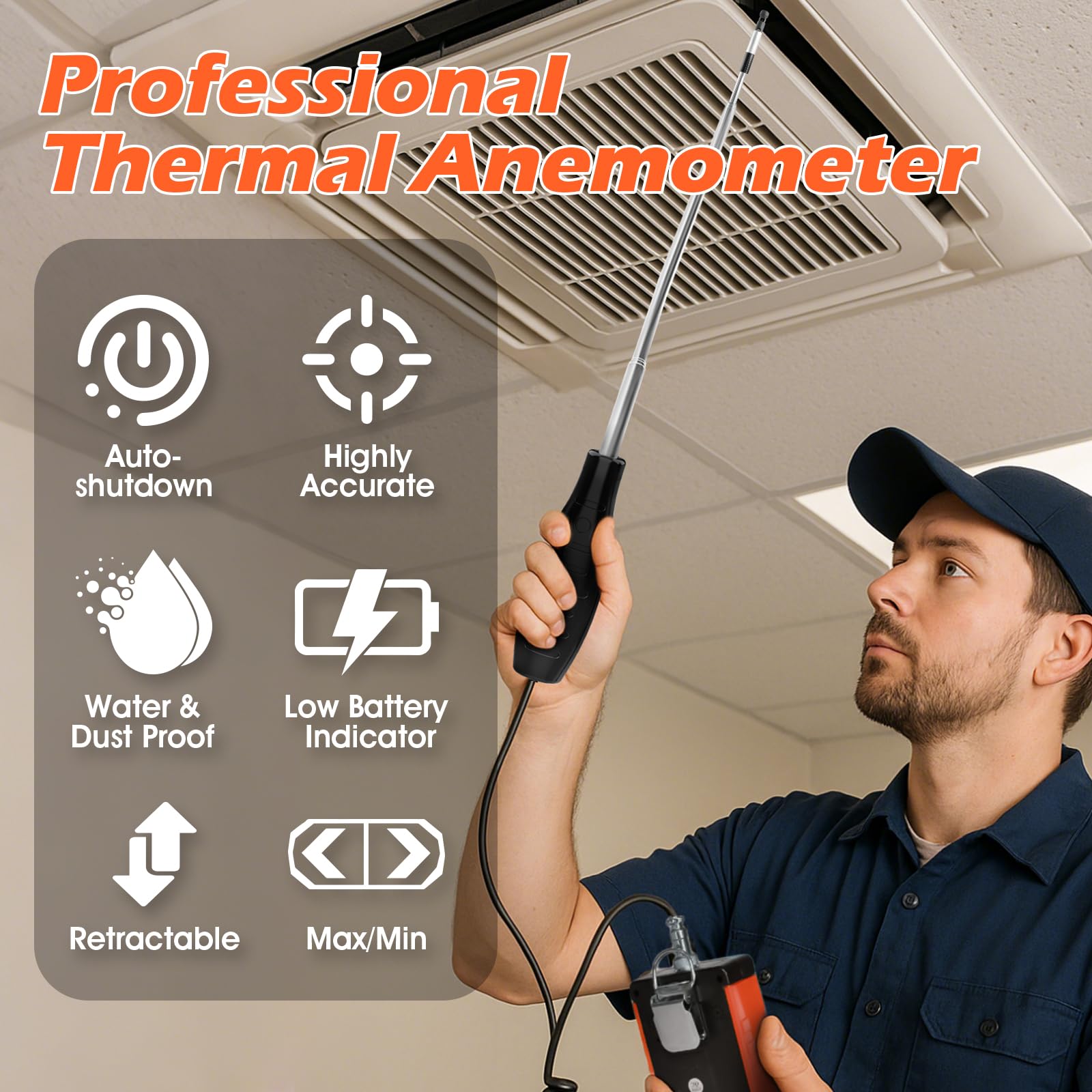 Windmesser, Thermisches Anemometer für Windgeschwindigkeit, Temperatur, Volumen, Kethvoz HVAC Windmessgerät, 0-999900 ft³/min CFM/CMM, 0.1-30M/s, mit Hitzdrahtsensor, Max/Min/Data Hold