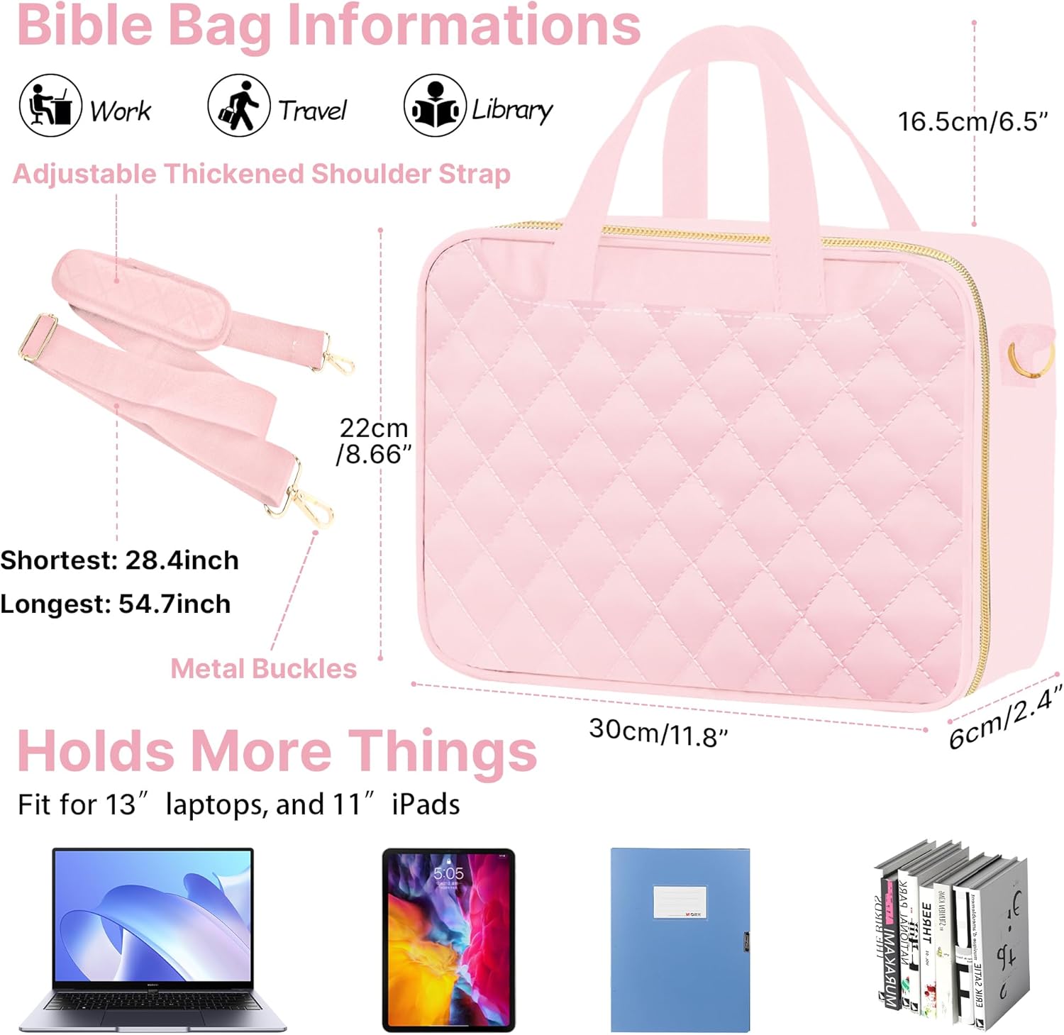 PUGPIU Bible Cover Case for Women, Large Quilted Bible Bag with Shoulder Strap and Handle, Bible Study Supplies Journaling Kit with Highlighters Pens No Bleed Tabs Notebook Cross Clips (Pink)