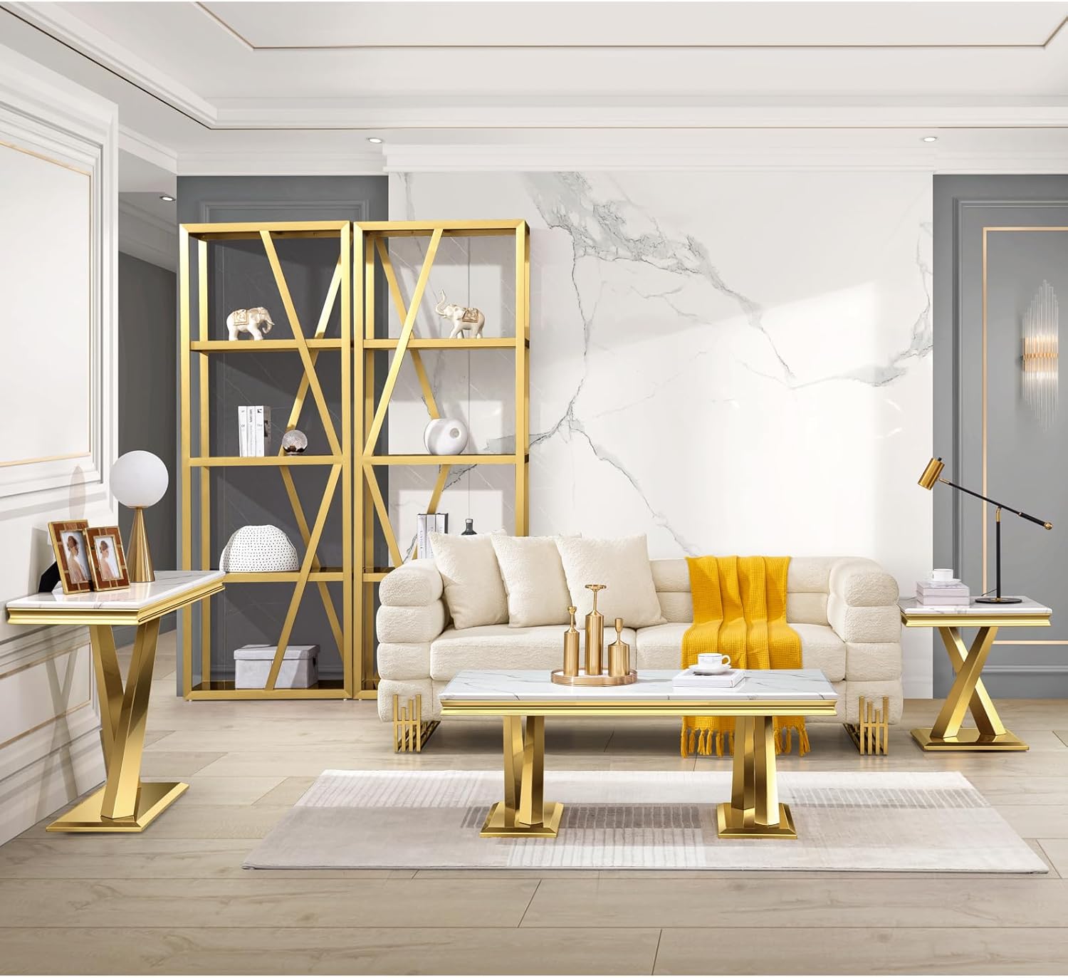 jajaplus White and Gold Living Room Table Set, 3 PCS Luxury