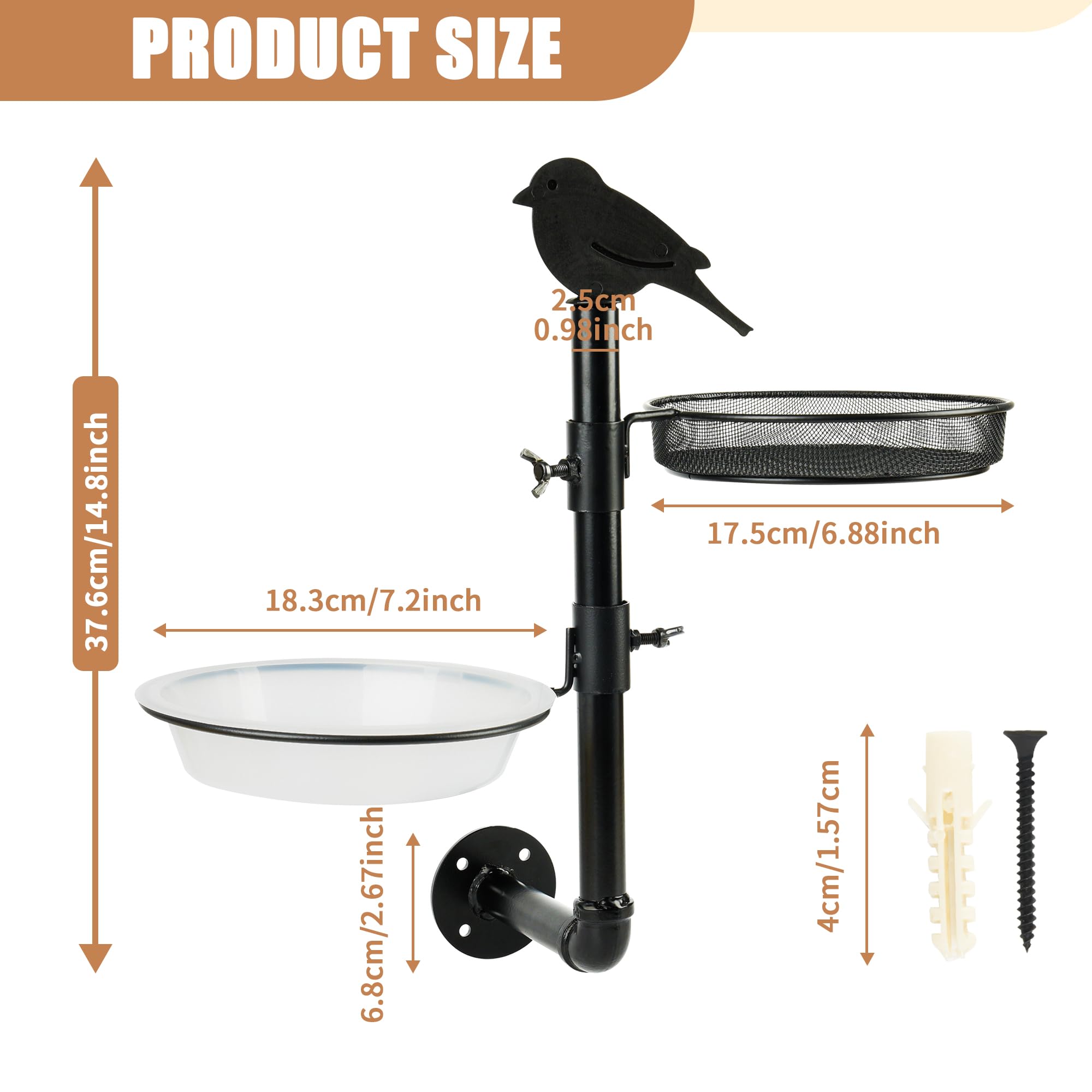Comedero para pájaros montado en la pared, plataforma de comedero para pájaros con bandeja de semillas de metal y 2 cuencos de baño para pájaros, valla de montaje en árbol, comedero para pájaros,