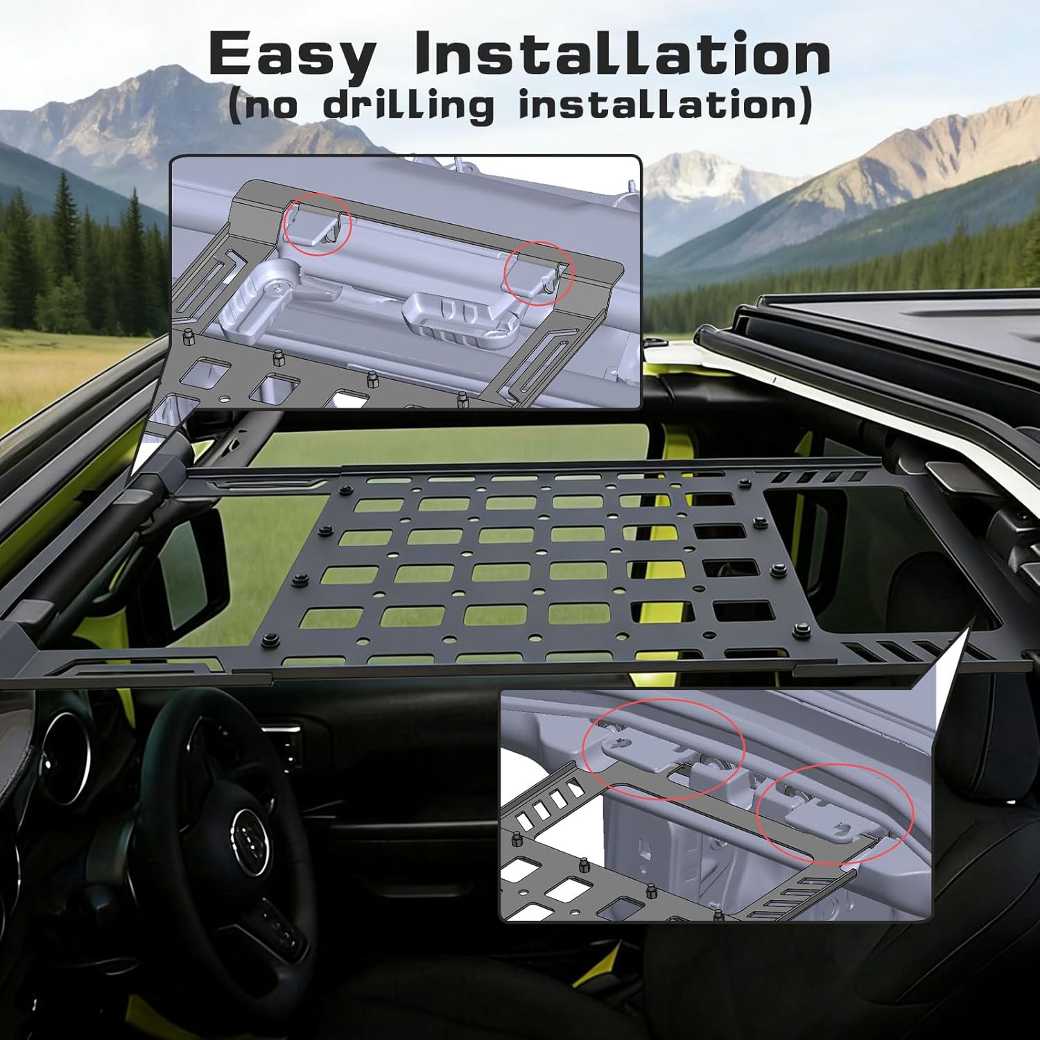 Hard Roof Rack Molle Panel for Wrangler JL JLU & Gladiator JT 2018-2025,Overhead Molle Panel Cargo Roof Rack,No Drilling(Not for Soft-Top)