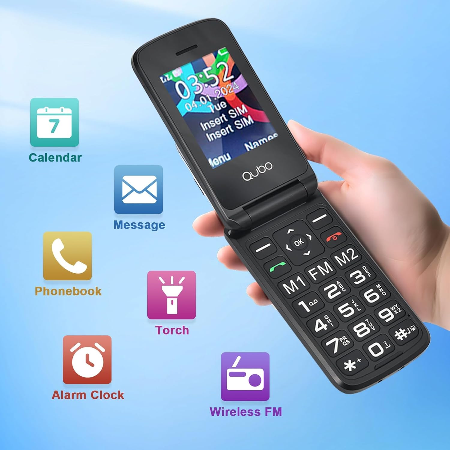 Image showing the Qubo Flip Phone displaying icons for Calendar, Message, Phonebook, Torch, Alarm Clock, and Wireless FM, highlighting its various functions.