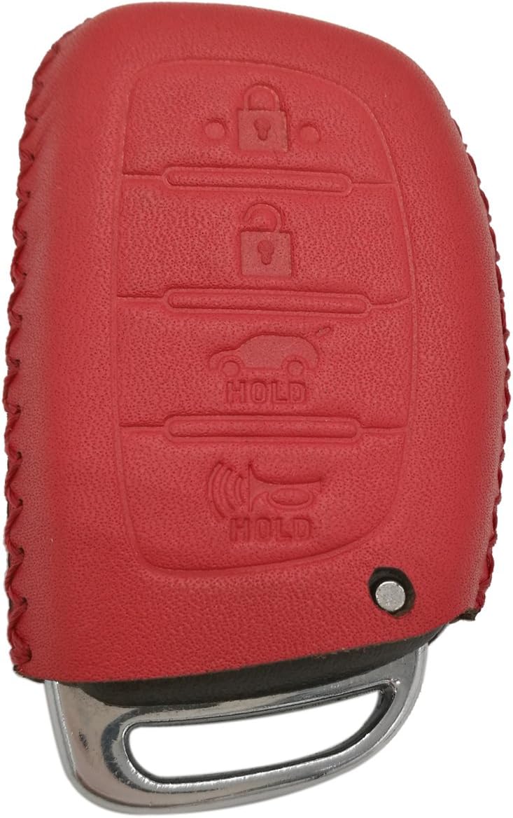 Coolbestda Genuine Leather Key Fob Cover Keyless Jacket Protector Remote Case for 2018 2017 2016 Hyundai Tucson Elantra Sonata Smart 4Buttons (NOT FIT Flip/Pop Out/Folding Key Red