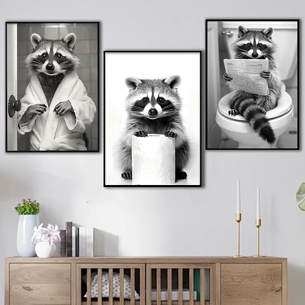 3er Set Lustiges Schwarz-Weiß Tier Leinwand–Niedliche Katzen, Ottern & Waschbären Motive-Humorvolles Kunstdruck Dekobild für Bad Toilette Waschraum Deko-Ungerahmt (Waschbär, 3x20x30cm, Ungerahmt) - 4