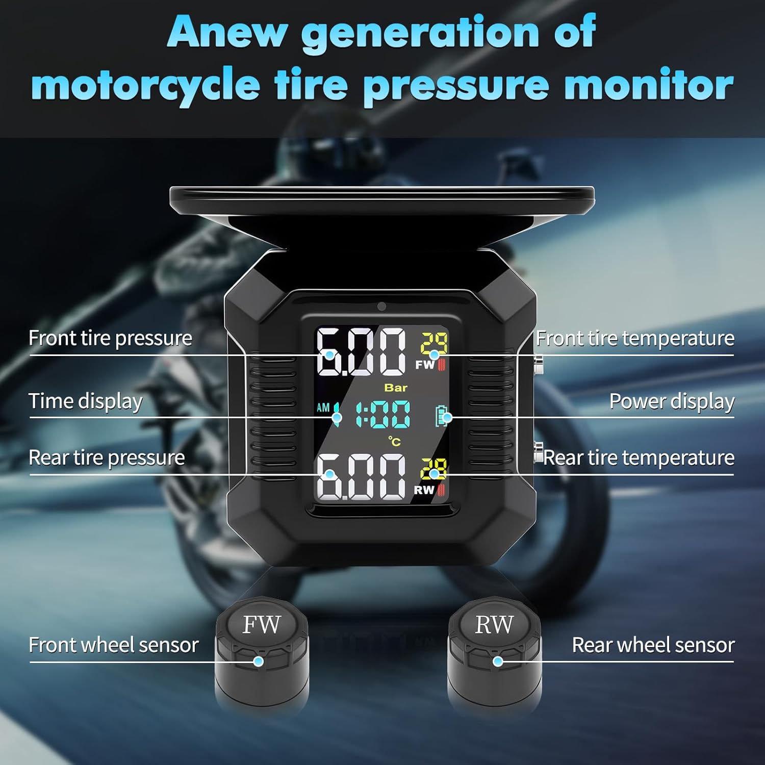 Tire Pressure Monitoring System,Motorcycle Tire Pressure Monitoring System with 2 Sensors, LCD Digital Display,Real Time, Solar Charging,Waterproof Design,Suitable for Adventure Rider