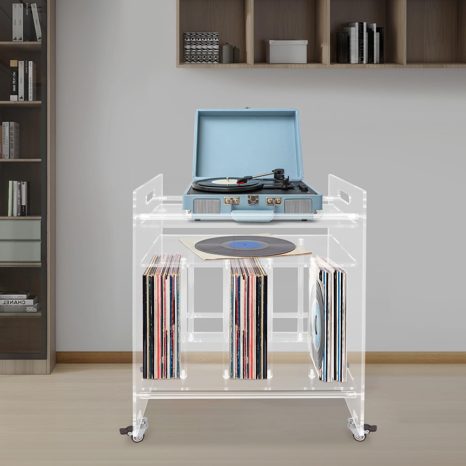 Supporto per giradischi in acrilico trasparente con ruote - Tavolino per vinili e CD - Tavolino da comodino moderno con spazio di archiviazione in vinile per il soggiorno
