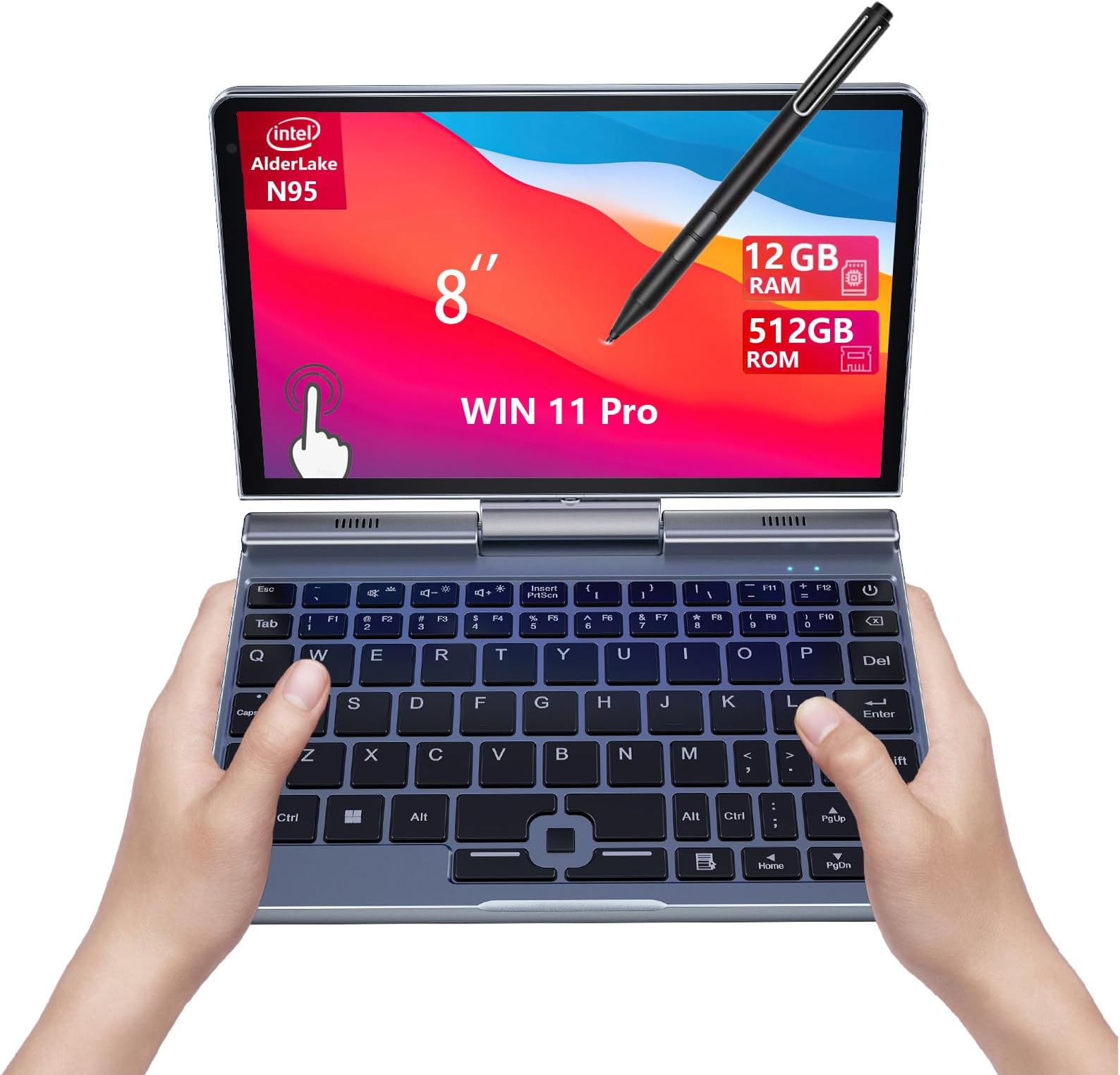 8-inch mini laptop with Japanese keyboard and Japanese system, HD rotatable touch screen, handwriting compatible with Windows 11 Pro, N150, 12GB RAM, 512GB SSD, Wi-Fi 6, BT 5.2, 2MP camera, G-sensor