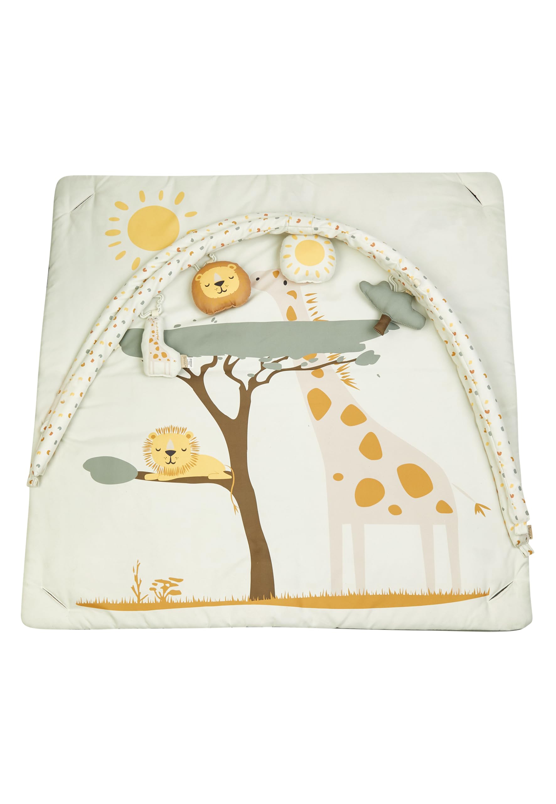 Sterntaler Spielbogen Giraffe & Löwe – weiche Spieldecke mit Druckmotiv – abnehmbare Spielfiguren mit Knisterpapier, Rassel & Quietsche – Baby Activity Decke, ab Geburt - 80x80 cm, ecru