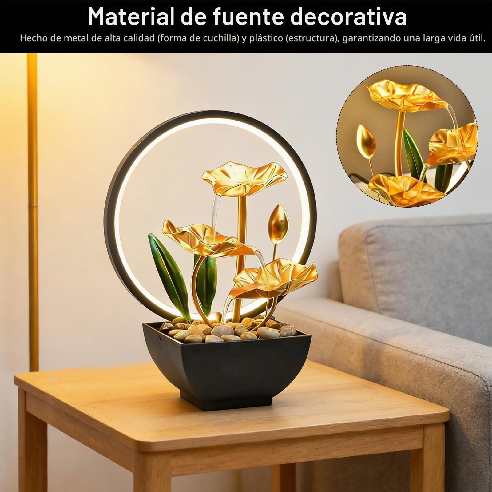 Fuente de habitación con cascada, fuente de mesa con iluminación LED moderna decoración Zen con bomba silenciosa de 3 niveles, mini fuente de habitación pequeña para casa, oficina, sala de estar