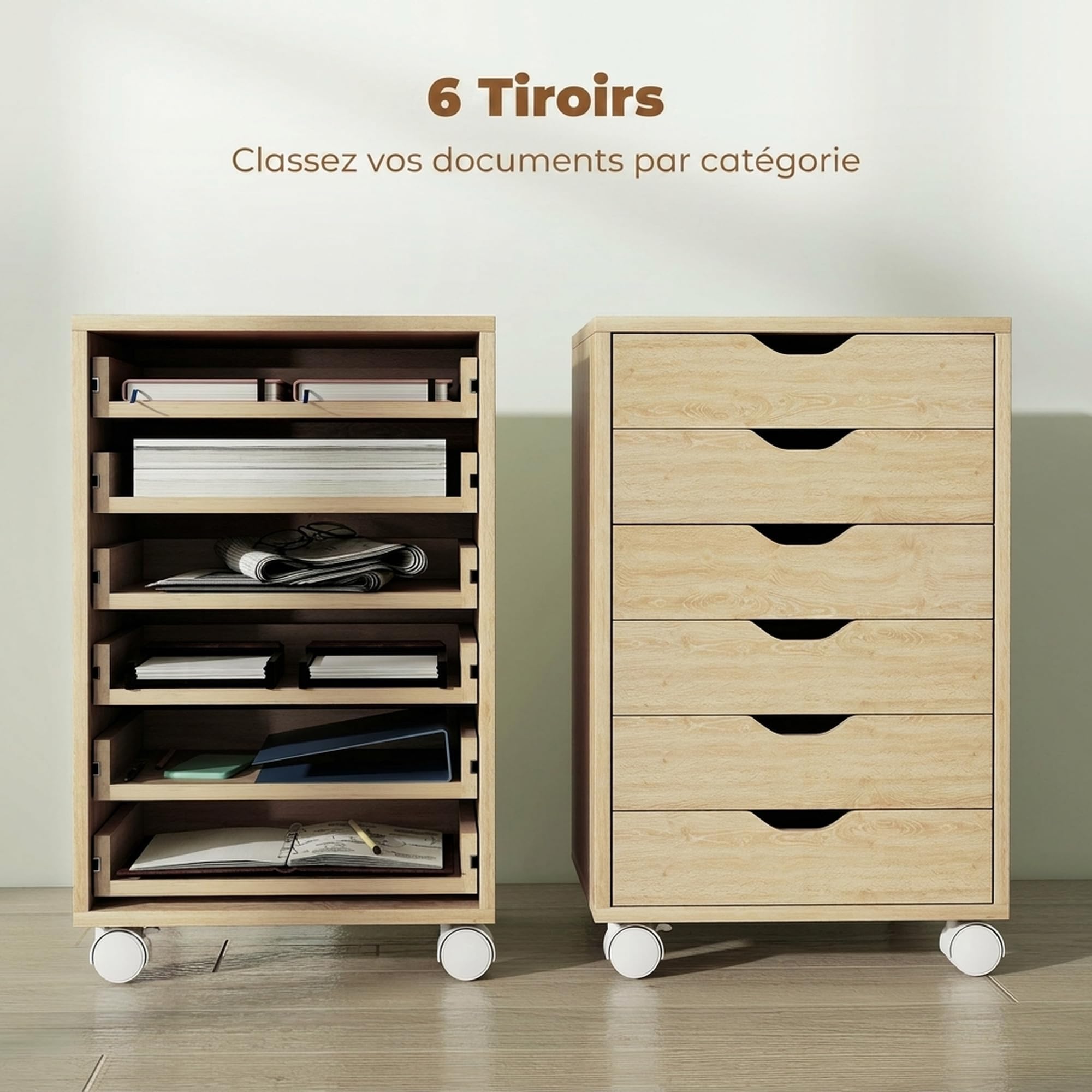 HOMCOM Caisson de Bureau 6 Tiroirs Silencieux, 40 x 35 x 63 cm, Chêne