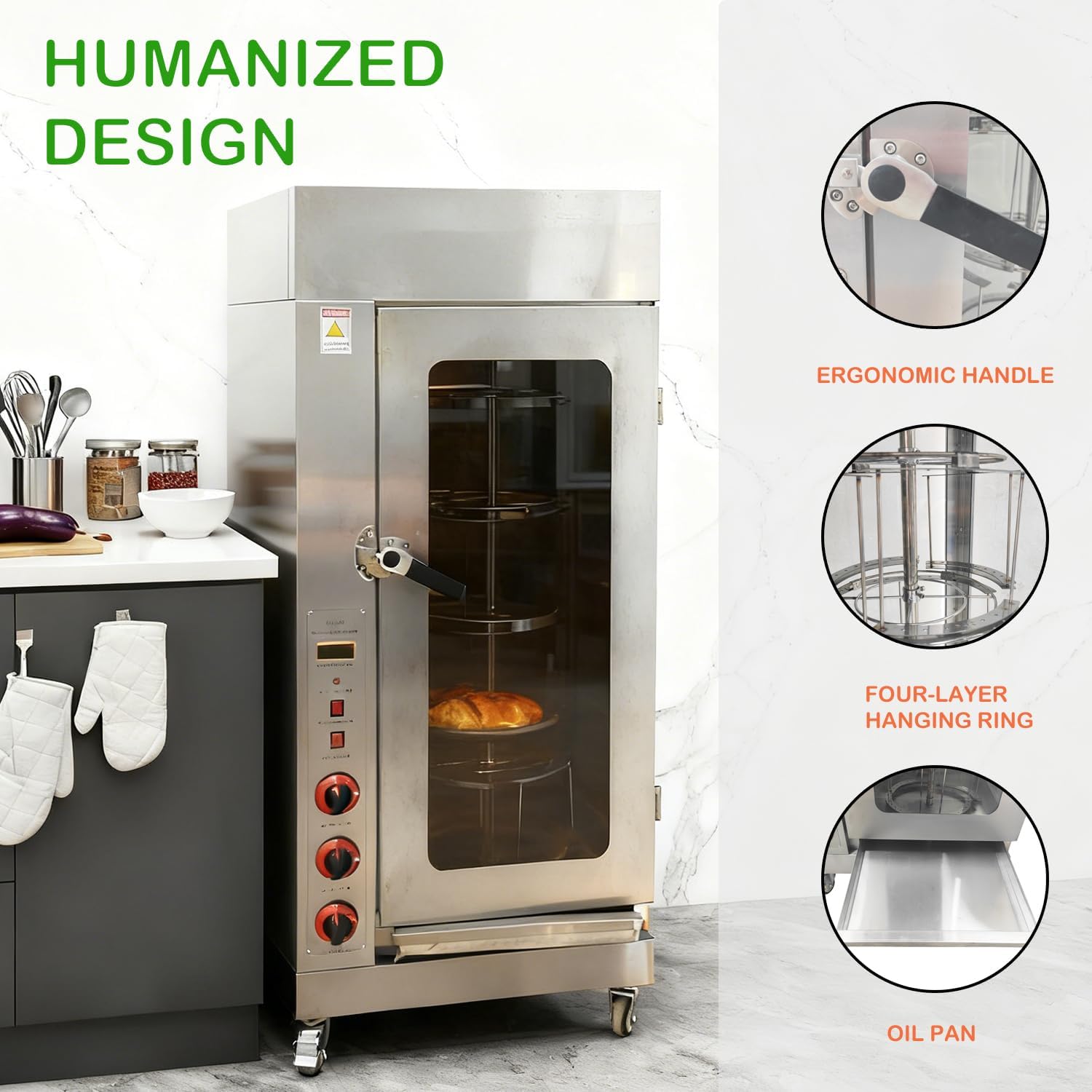 Vertical Low LPG Gas Rotisserie Oven Stainless Steel Rotary Chicken Roaster Machine with Adjustable Temperature 50°C-250°C for Commercial Home Use 110V