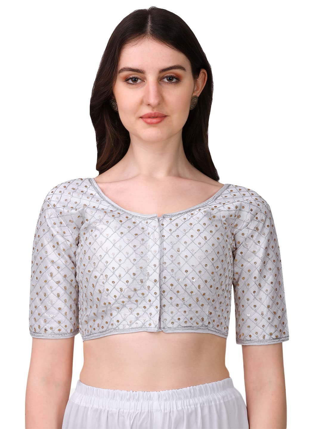 Pujia Mills Women's Embroidery Half Sleeve Silk Readymade Blouse (Banke_Silver_38)
