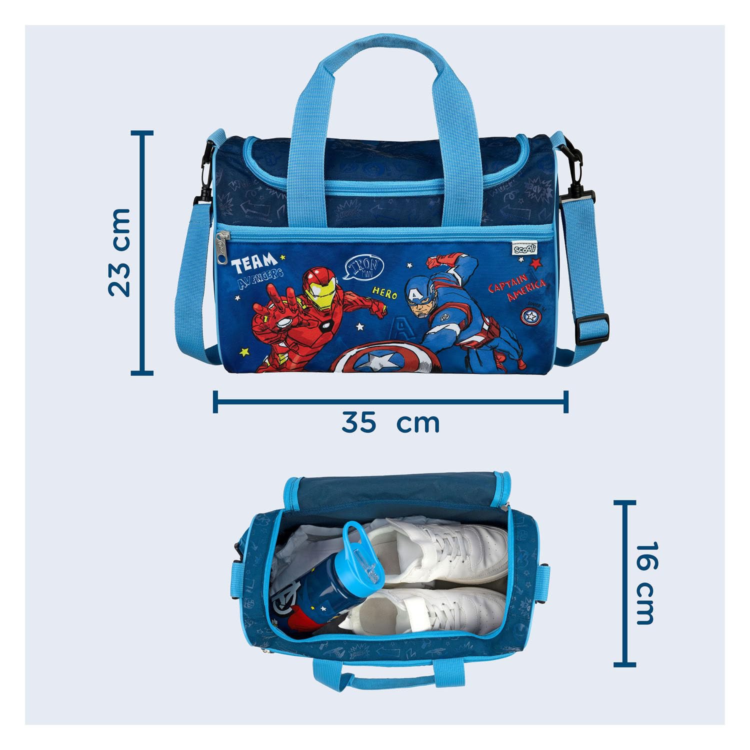 Scooli - Borsa sportiva Marvel Avengers per bambini - Ampio scomparto principale - Tracolla regolabile - Design da supereroe - Resistente