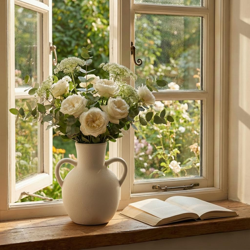 SIDUCAL Rustic Ceramic Farmhouse Flower Vase with 2 Handles, Terracotta Vase, Decorative Pottery Flower for Home Decor, Table, Wedding, Living Room, Shelf Decor, 7.3 Inch, White - Image 6