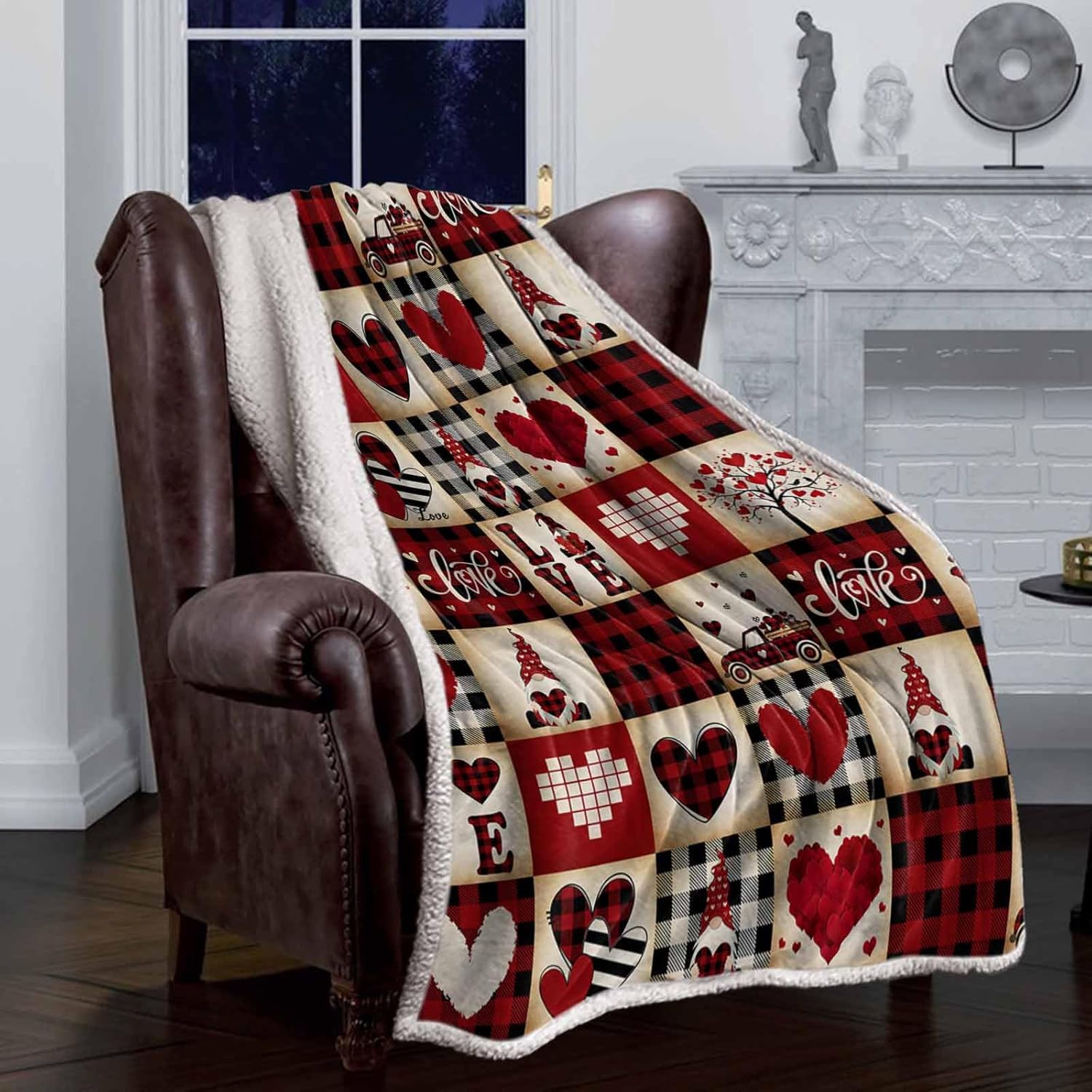 Love Sherpa Throw Blanket Red Buffalo Plaid Plush Fleece TV Blankets,Heart Gnome Soft Cozy Warm Blanket,Romantic Thick Reversible Flannel Throws for Couch Sofa Bed Wedding 50x60IN