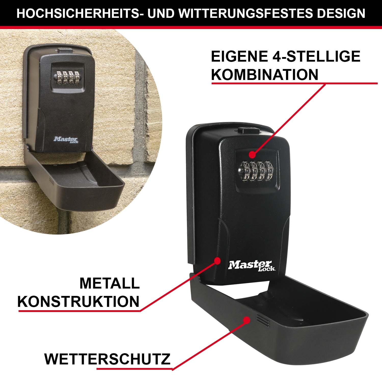 MASTER LOCK Schlüsselkasten mit Nummernschloss für Wandmontage, Abnehmbarer Abdeckung, Mittelgroß, Außenbereich, mit Befestigungsmaterial, 5430EURD