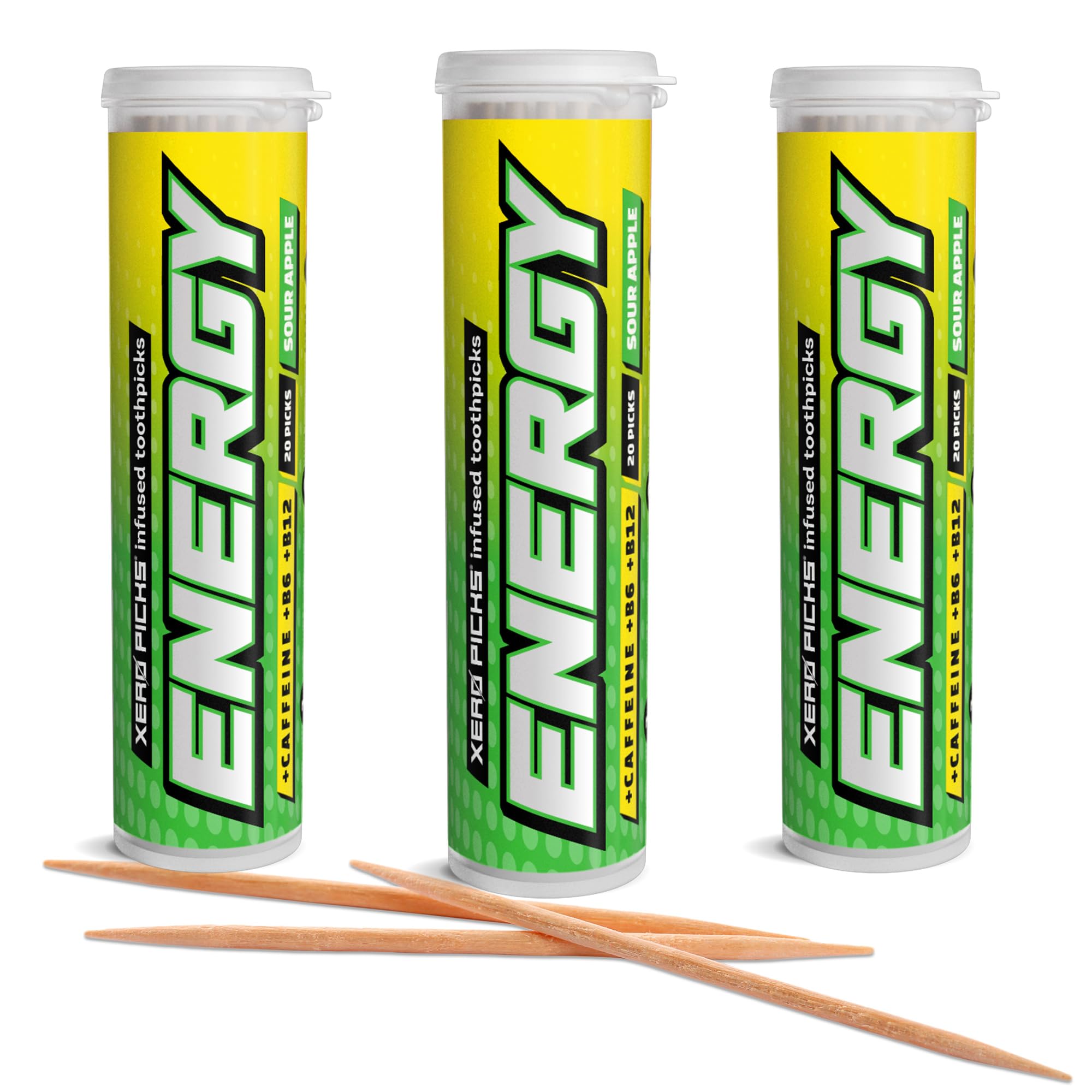 Xero Picks Energy Caffeine Flavored Toothpicks B12 for Focus &amp; B6, 60 Picks (Pack of 3) (Sour Apple) Sugar-Free Alternative to Energy Mints &amp; Gum - Kosher