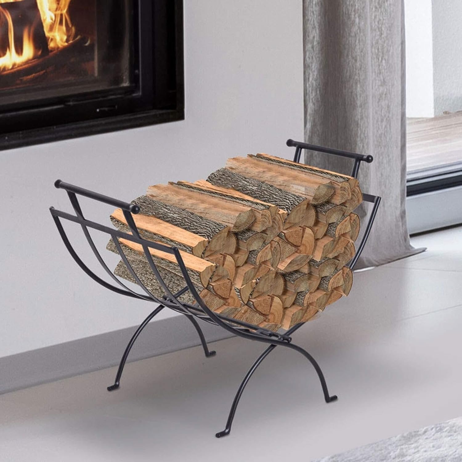 Heavy Duty Fireplace Tool Rack & Firewood Log Storage Holder, Outdoor/Indoor Wood Rack for Fire Pit,