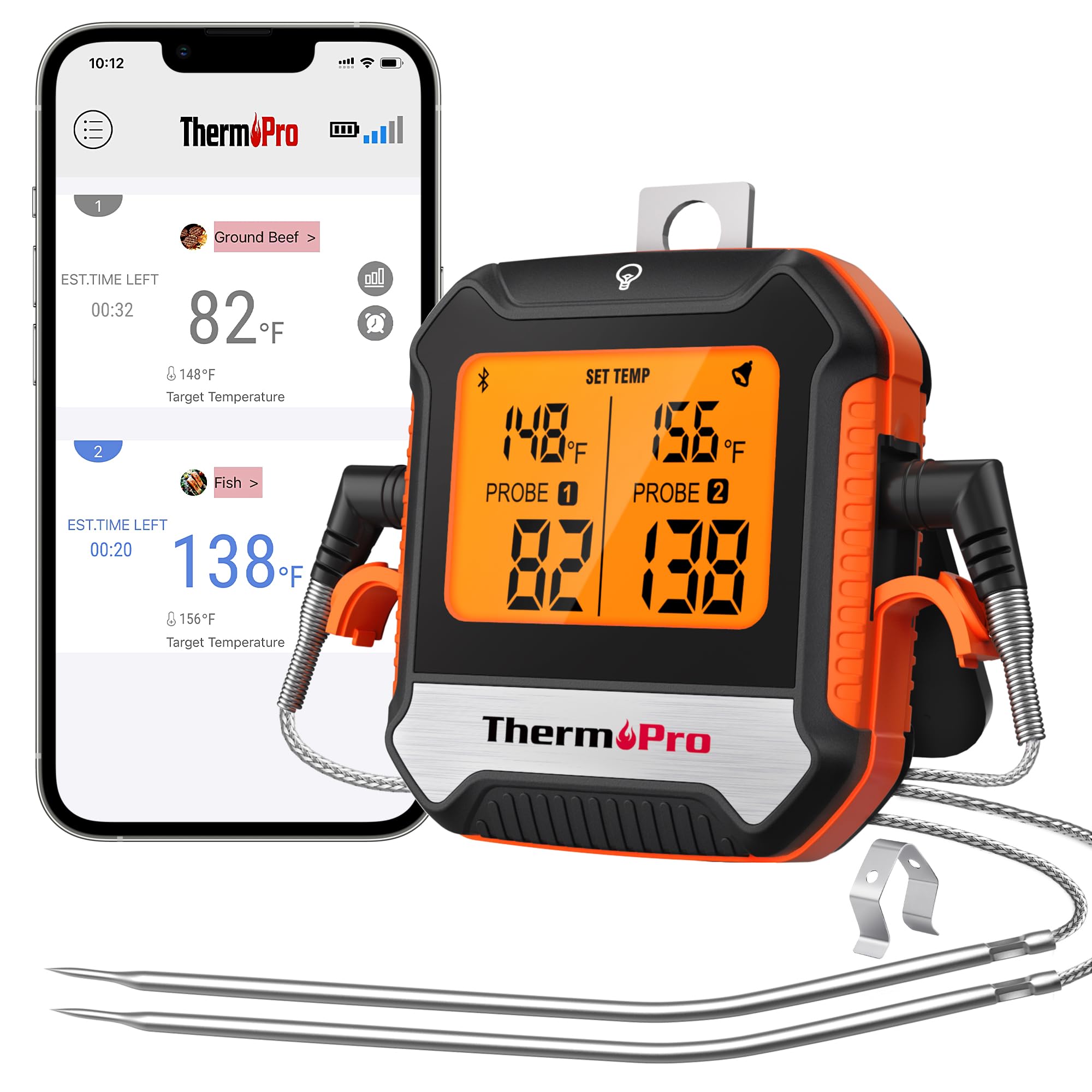 ThermoPro450 ft Bluetooth Meat Thermometer with 2 Probes, Meat Thermometer Digital Wireless for BBQ Oven, Smoker Thermometer for Cooking Chicken Steaks Poultry