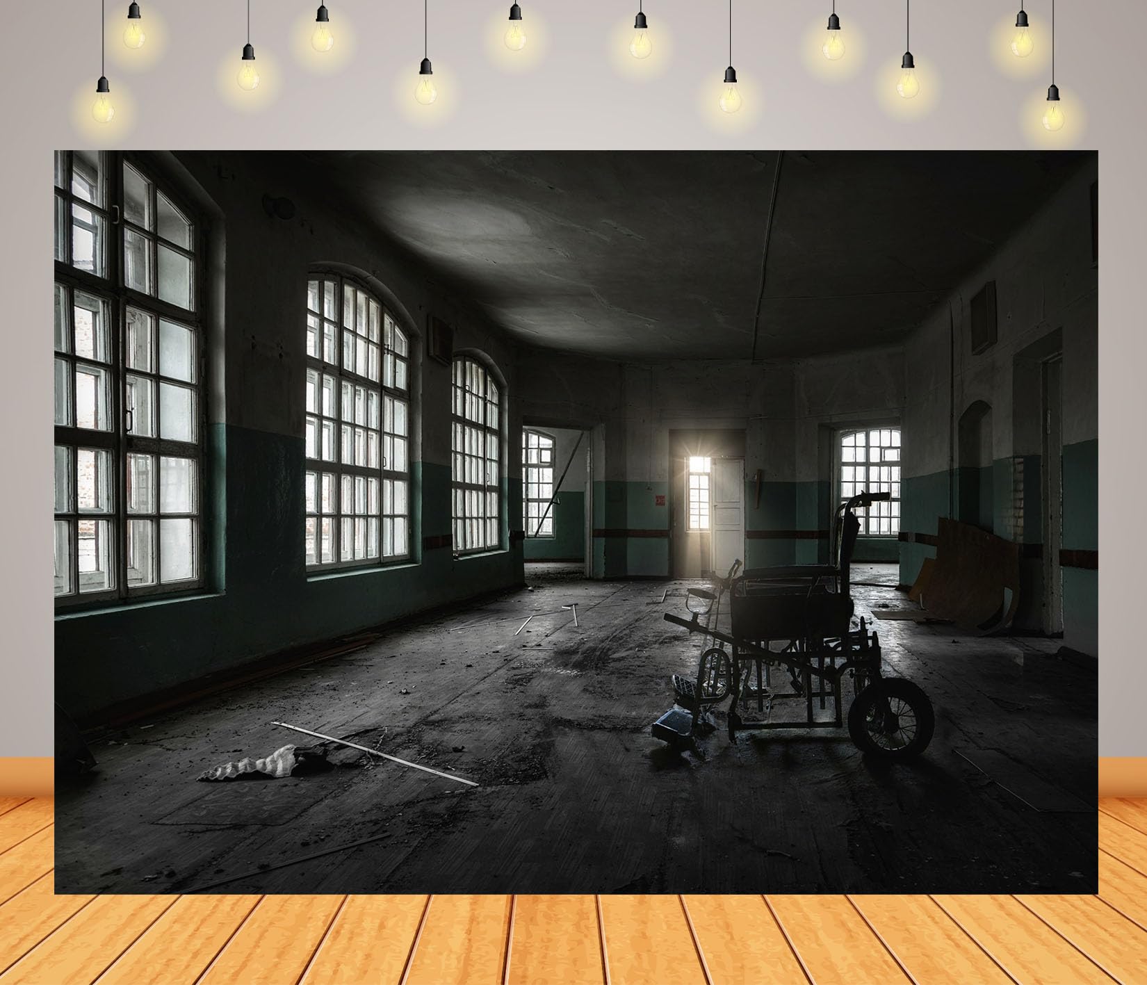15x10FT (4.6x3m) Sala D'Ospedale Con Sedia A Rotelle Sfondo Fotografico | Galleria Medica Diroccata Fondale In Tessuto,Sedia A Rotelle Finestre A Griglia,Per Feste Horror E Foto,Photo Booth