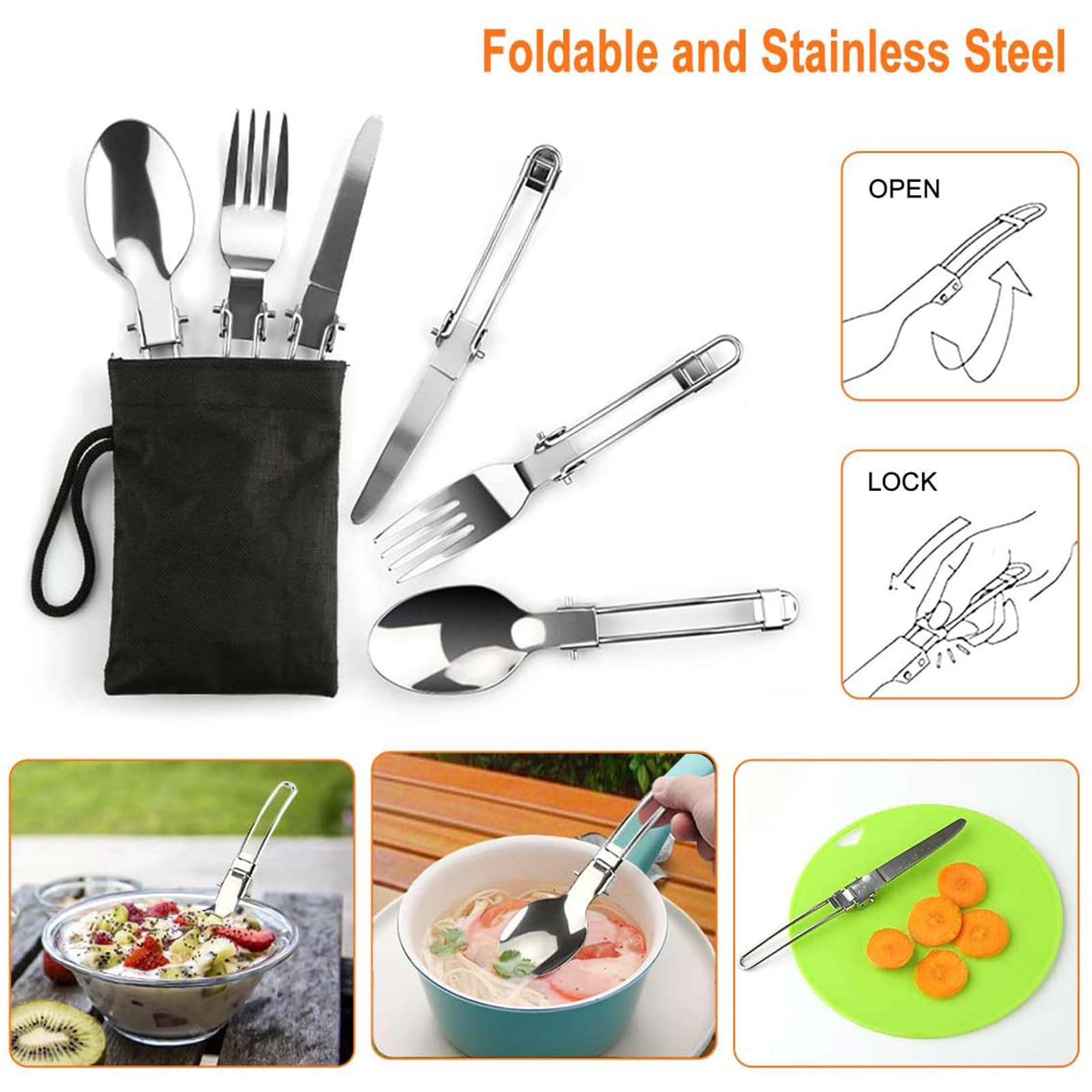 Asixxsix 48pcs Camping Kochgeschirr Set, Tragbare klappbare Nichtkleber Camping Ausrüstung mit Edelstahl Tassen Platten Gabeln Messer Löffel, für Outdoor Backpacking Wandern Picknick