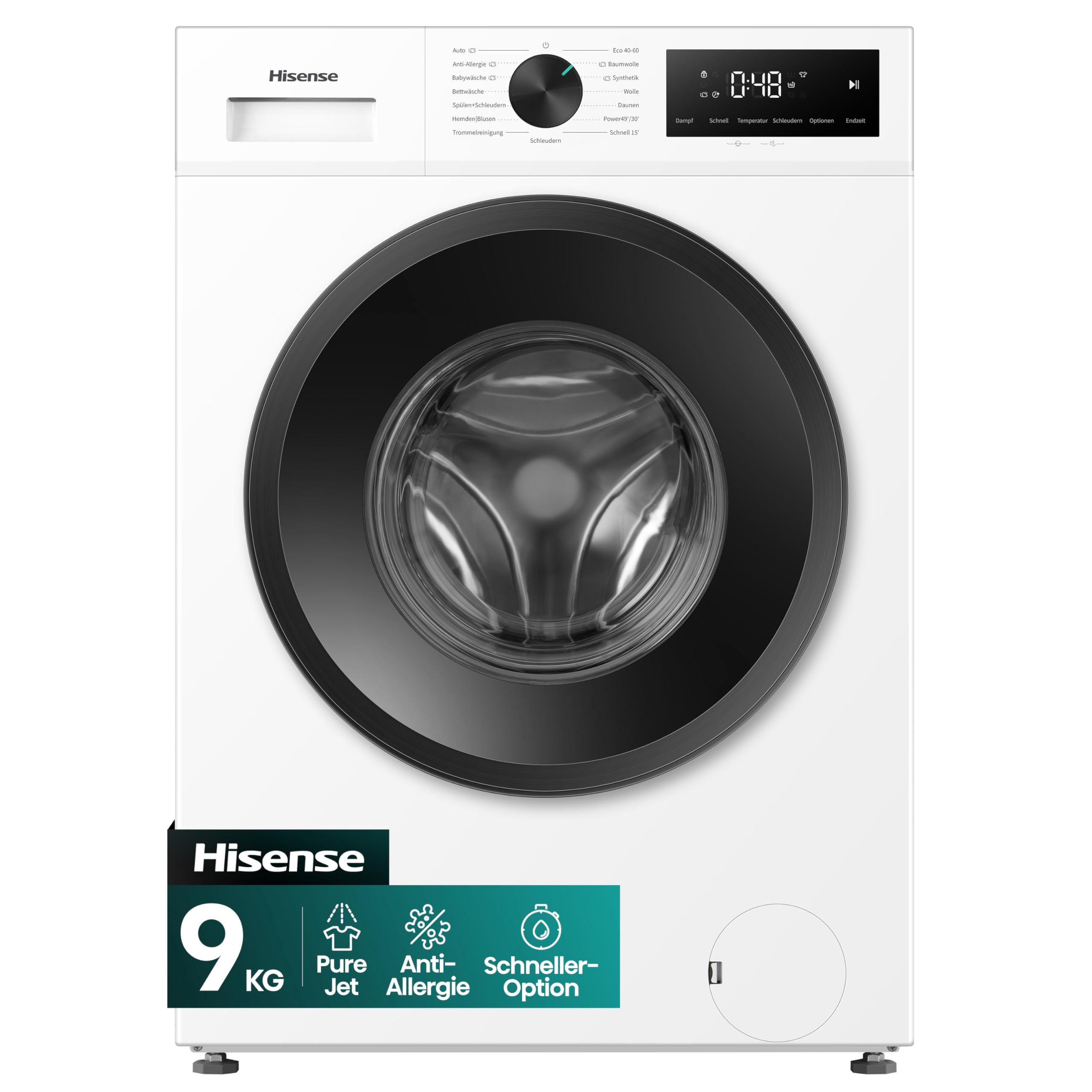 Hisense WF1I9042BWP Waschmische mit Dampffunktion, 9kg, 1400 U/Min, 15 Programme, TFT Farb-Display, 72 dB, Automix-Waschmittelschubfach, Pure Jet, Schnellwaschgang, Anti-Allergie, EEK A, Weiß