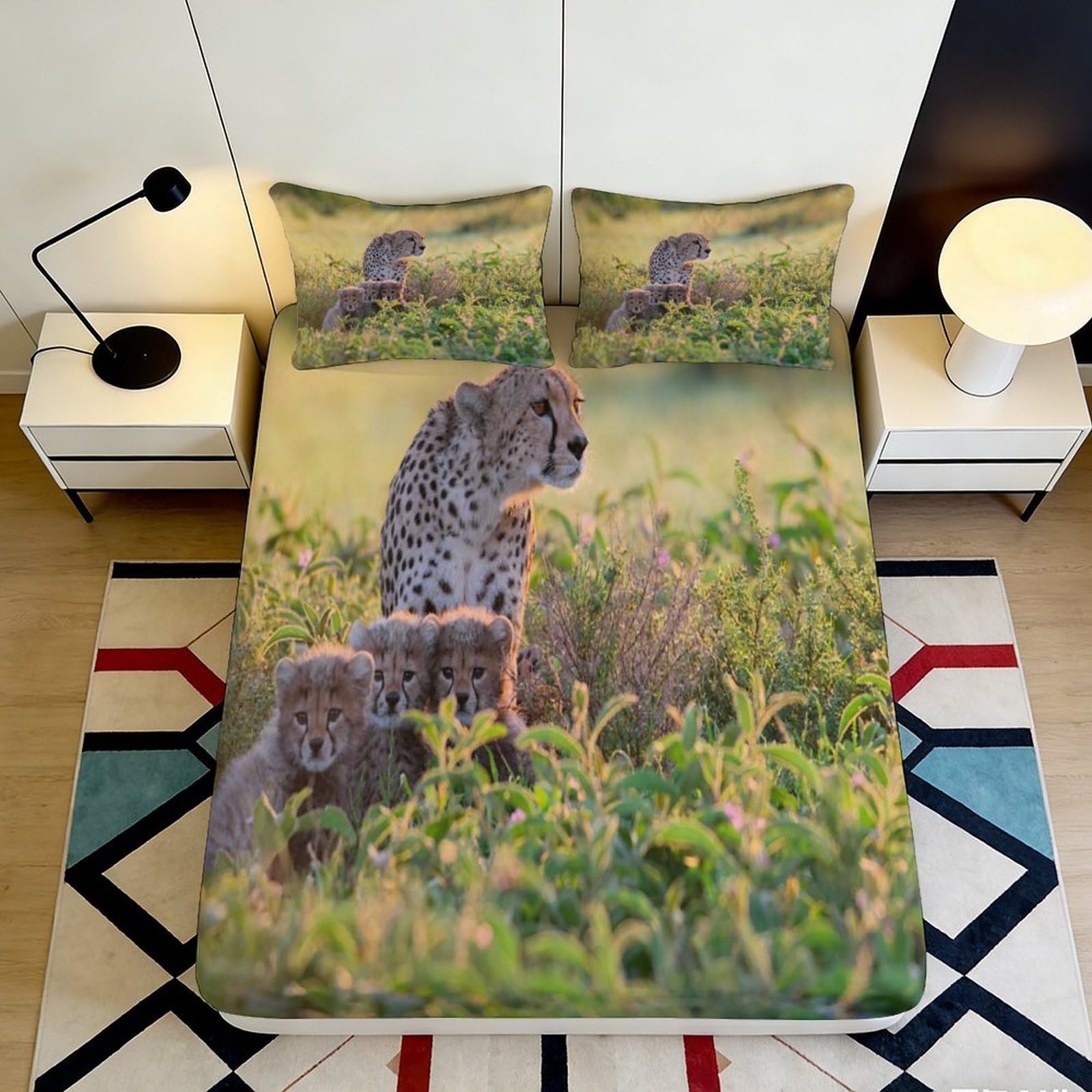 3D Printed Cheetah Grassland Fitted Sheet Microfiber Soft Breathable Savannah Bed Cover for Bedroom Guestroom 90x200x25cm