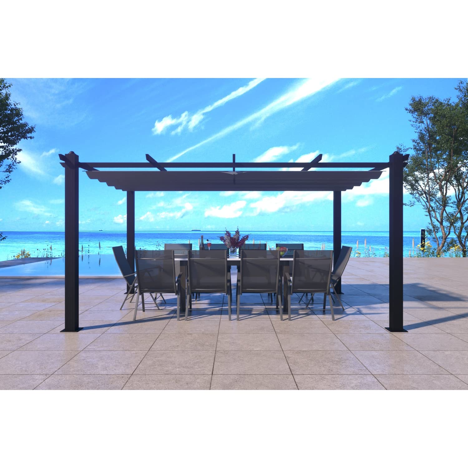 Pergola Autoportée NILA Gris Toile Rétractable 12m²