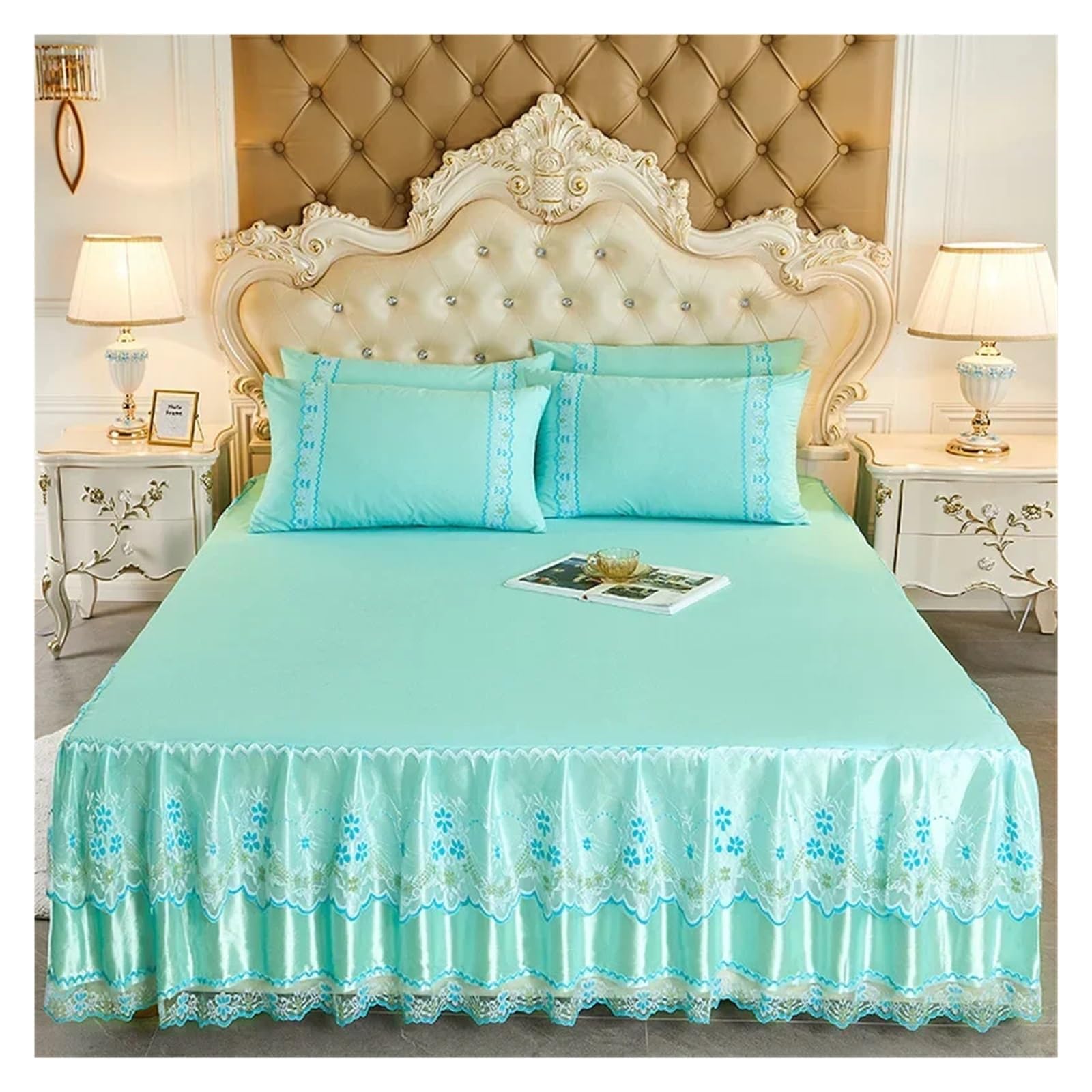 Lace Ruffled Bedroom Bed Skirt Non-slip Mattress Cover Bedspread King Size(Color 3,1PC 150x200cm)