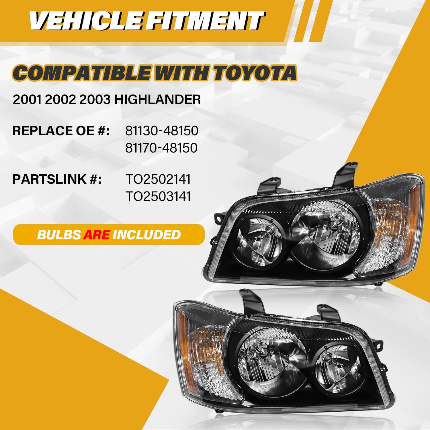Headlight Assembly Compatible with Toyota Highlander 2001 2002 2003 Halogen Type, OE-Style Headlamp Replacement with all Bulbs for 81170-48150 81130-48150, Black Housing Amber Reflector