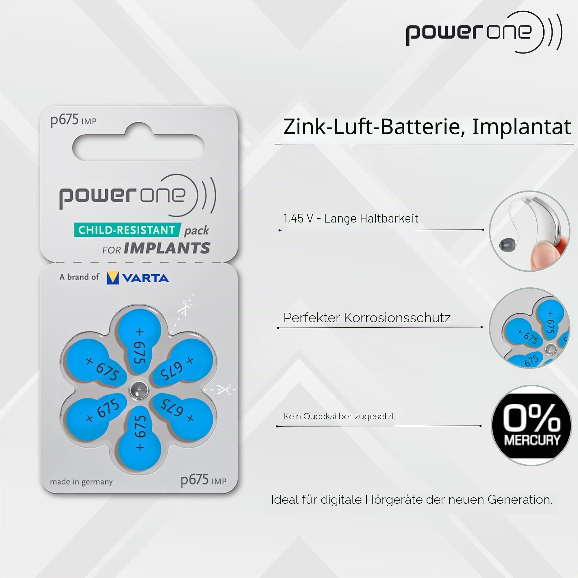60 Powerone Mercury Free Hearing Aid Batteries Size: 675P Cochlear Implant by Varta