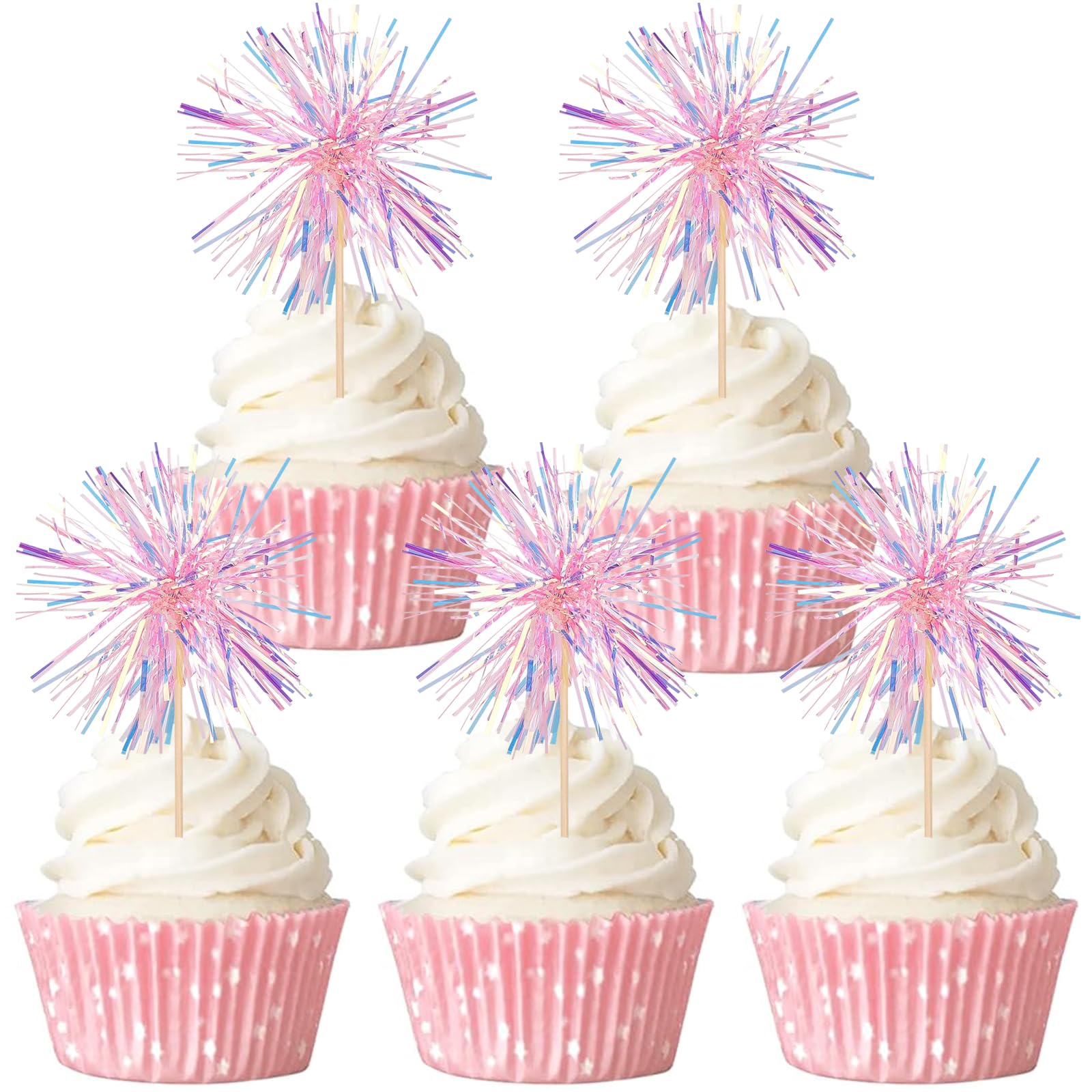 Gleevio 40 Stück Happy Birthday Tortendeko Rosa,Feuerwerk Cupcake Topper,Glitzer Tortendeko Geburtstag Mädchen,Feuerwerk Kuchen Deko,Happy Birthday Muffin Deko für Geburtstag Weihnachten Neujahr
