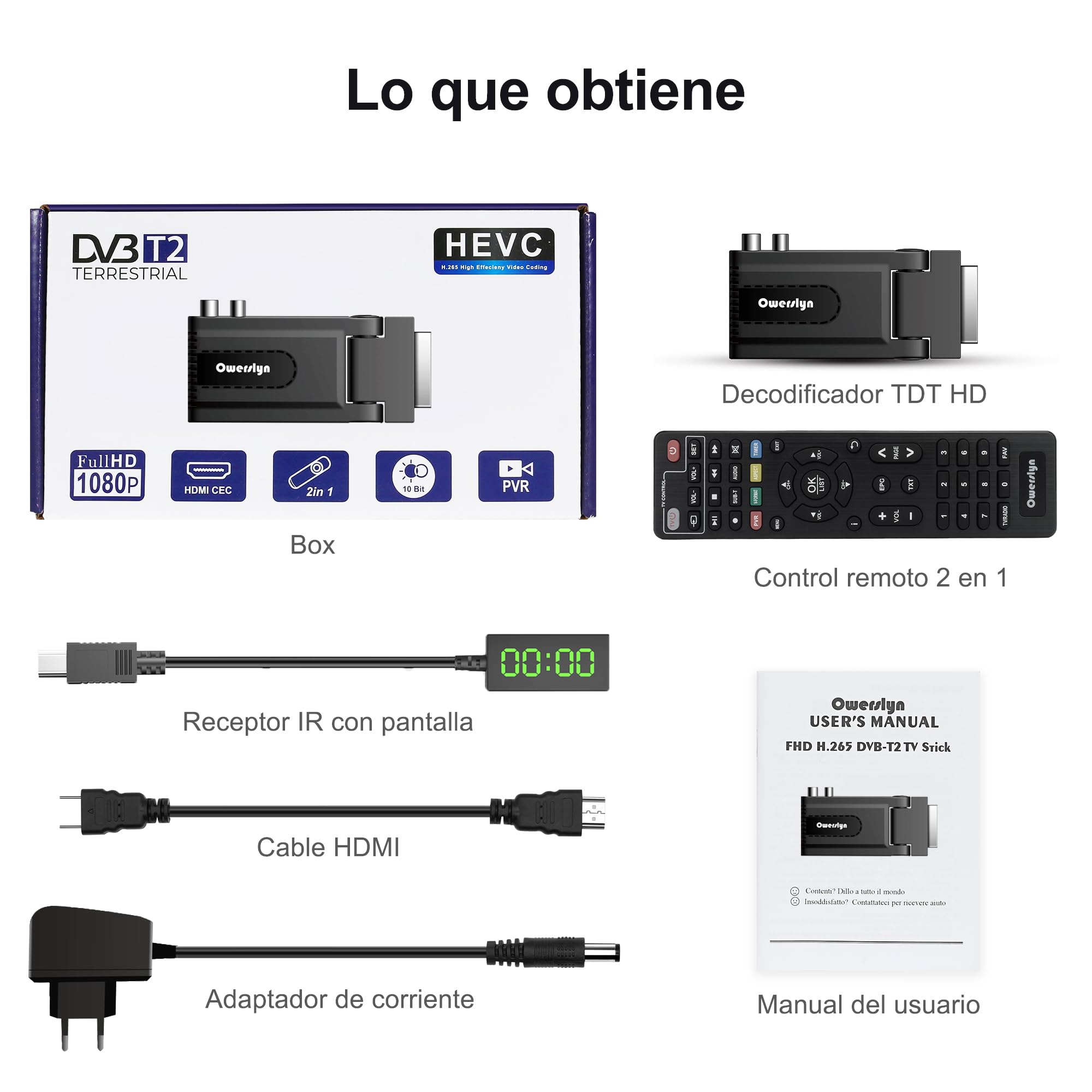 Dekoder cyfrowy naziemny 2024, OWERSLYN DVB-T2 HD 1080P, H265, HEVC, główny 10-bitowy, HDMI CEC, obsługa wyjścia HDMI/Scart i USB Multimedial/PVR [pilot 2w 1 z kontrolami TV]