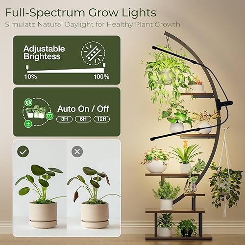 Miniatura 4 de GREENSTELL Soporte para plantas con luces de crecimiento, estante de metal para plantas de media luna de 7 niveles, escalera curvada de múltiples