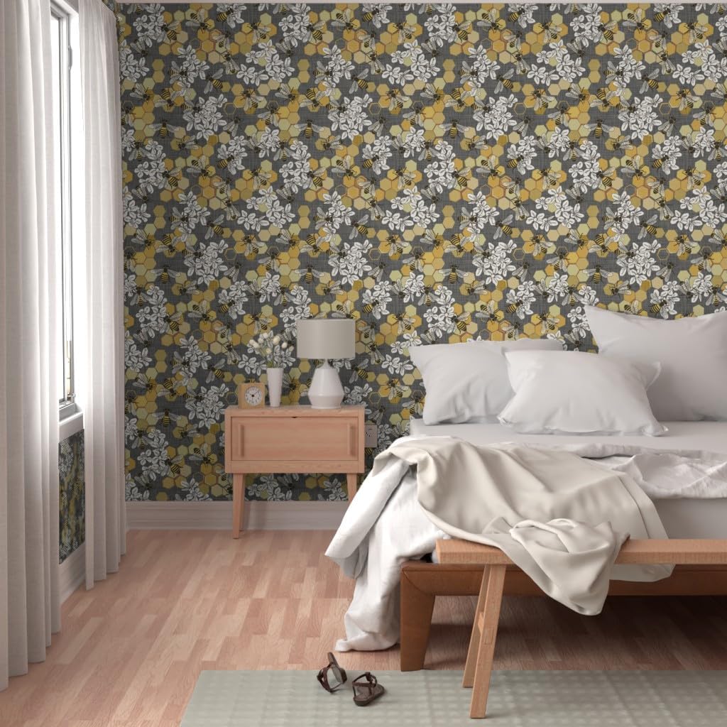 Spoonflower Peel & Stick Wallpaper Swatch - White Floral Nature Modern Yellow Insects Honey Bees Grey Custom Removable Wallpaper