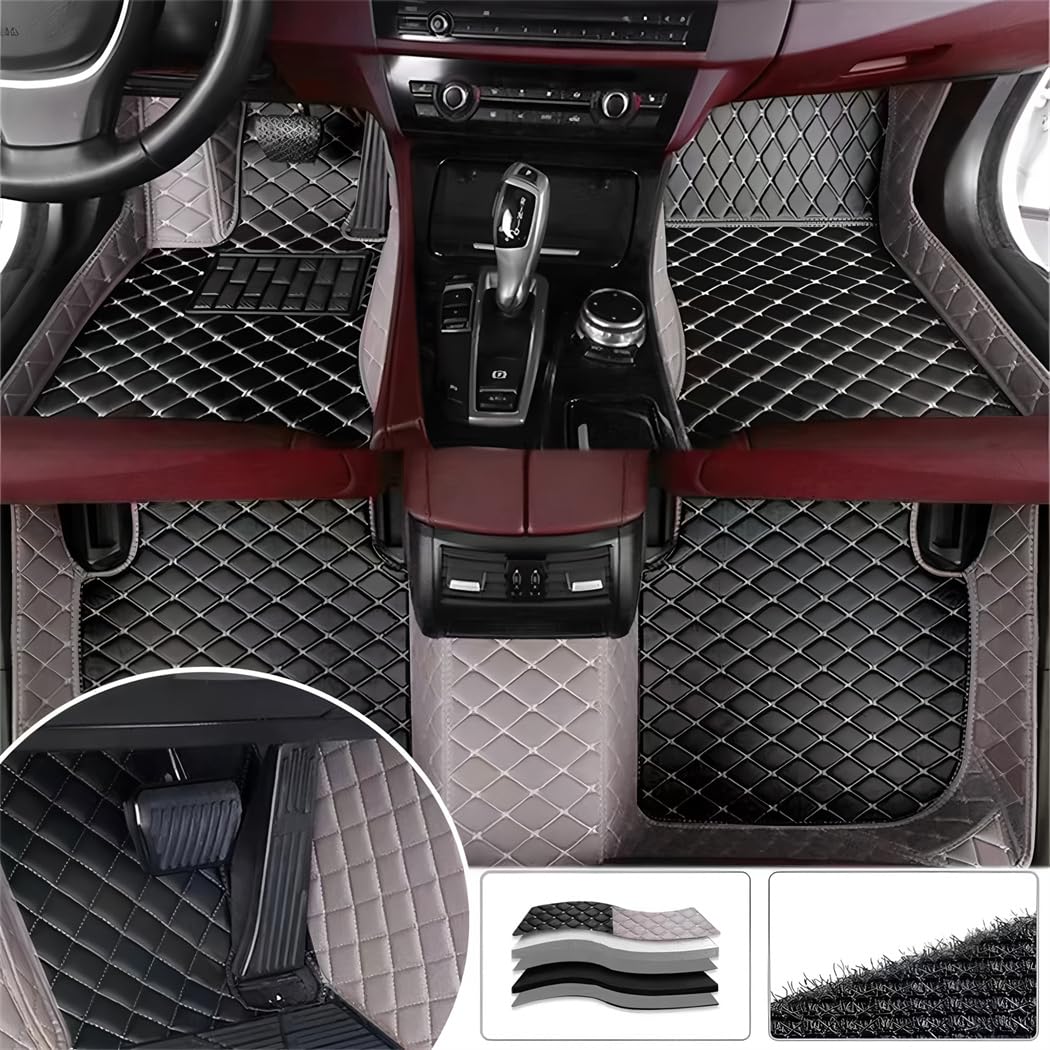 Custom Car Floor Mats Fit for Ford Taurus 2015-2019 Non-Slip Waterproof All Weather Protection Luxury Leather Floor Liners Full Coverage Car Interior Accessories (Black Rice + Gray)