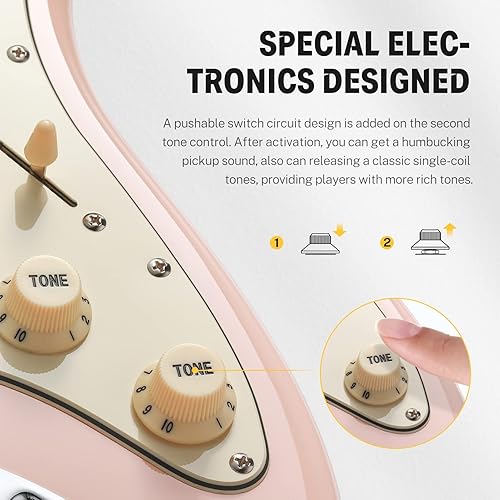 Miniatura 3 de Donner Kit de iniciación para guitarra eléctrica de 39 pulgadas, tamaño completo, bobina HSS de cuerpo sólido, para adultos, color rosa DST-200P
