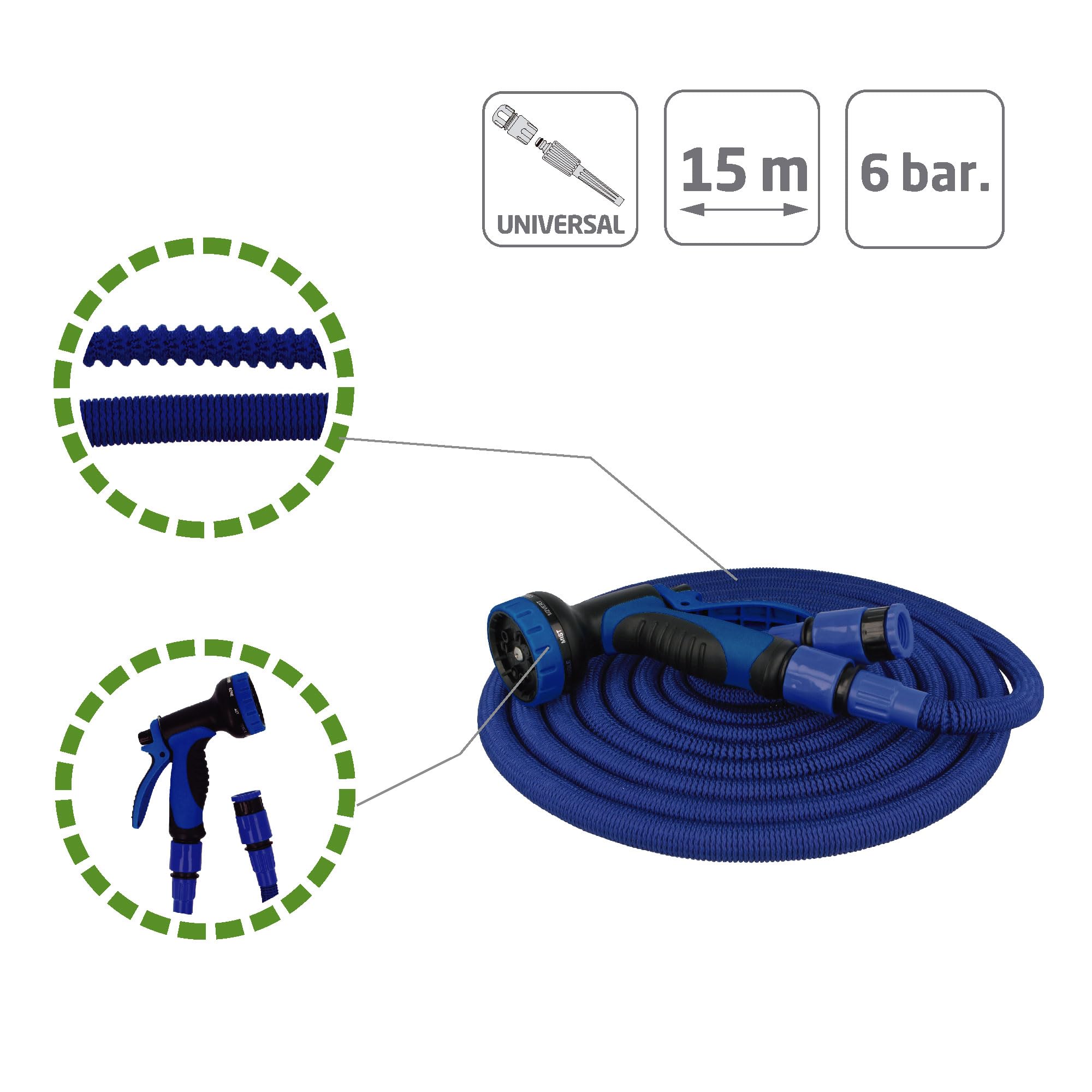 Amig - Erweiterbarer Schlauch | 15 Meter | Inklusive Zubehör und Bewässerungspistole mit 9 Funktionen | Unterstützt bis zu 6 bar. des Drucks | Farbe Blau | Doppelter Latex