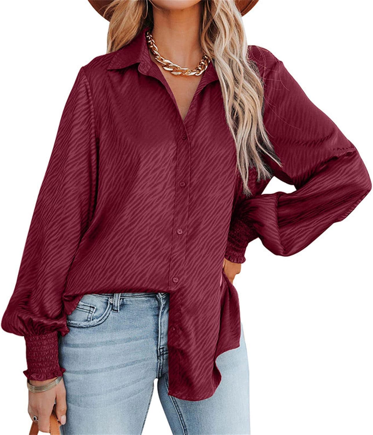 JEsilunmaMY Womens Loose Lantern Sleeve Lapel Blouses Button Down Print Casual Collared Shirts Fall Baggy Jacquard Blouses