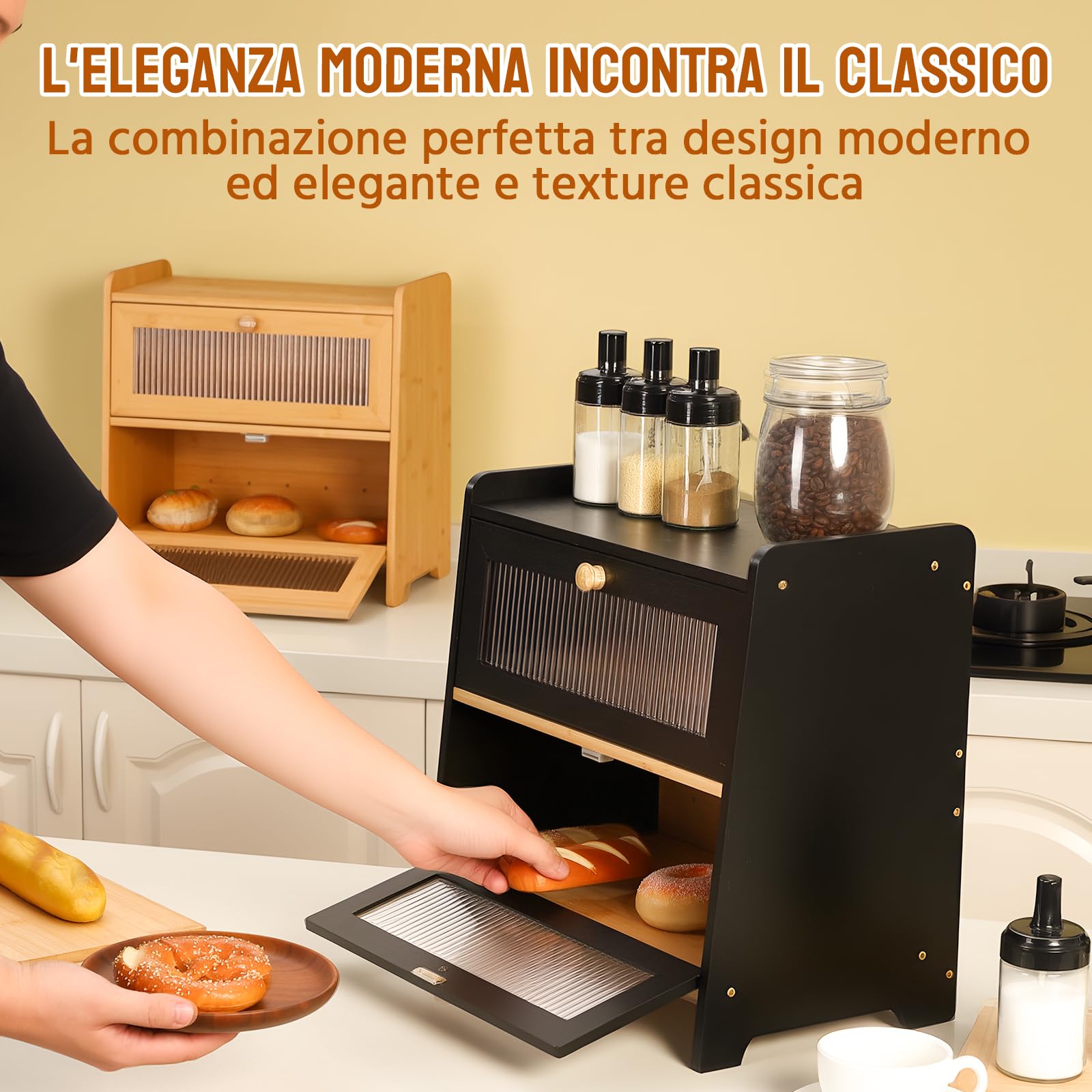 HAUSPROFI Scatola per il Pane in Bambù 2 Ripiani, Scatola per Pane in Legno con Tagliere, Ventilazione, Finestra Ondulata Trasparente, Elegante, 40x25x40cm Grande, Nera