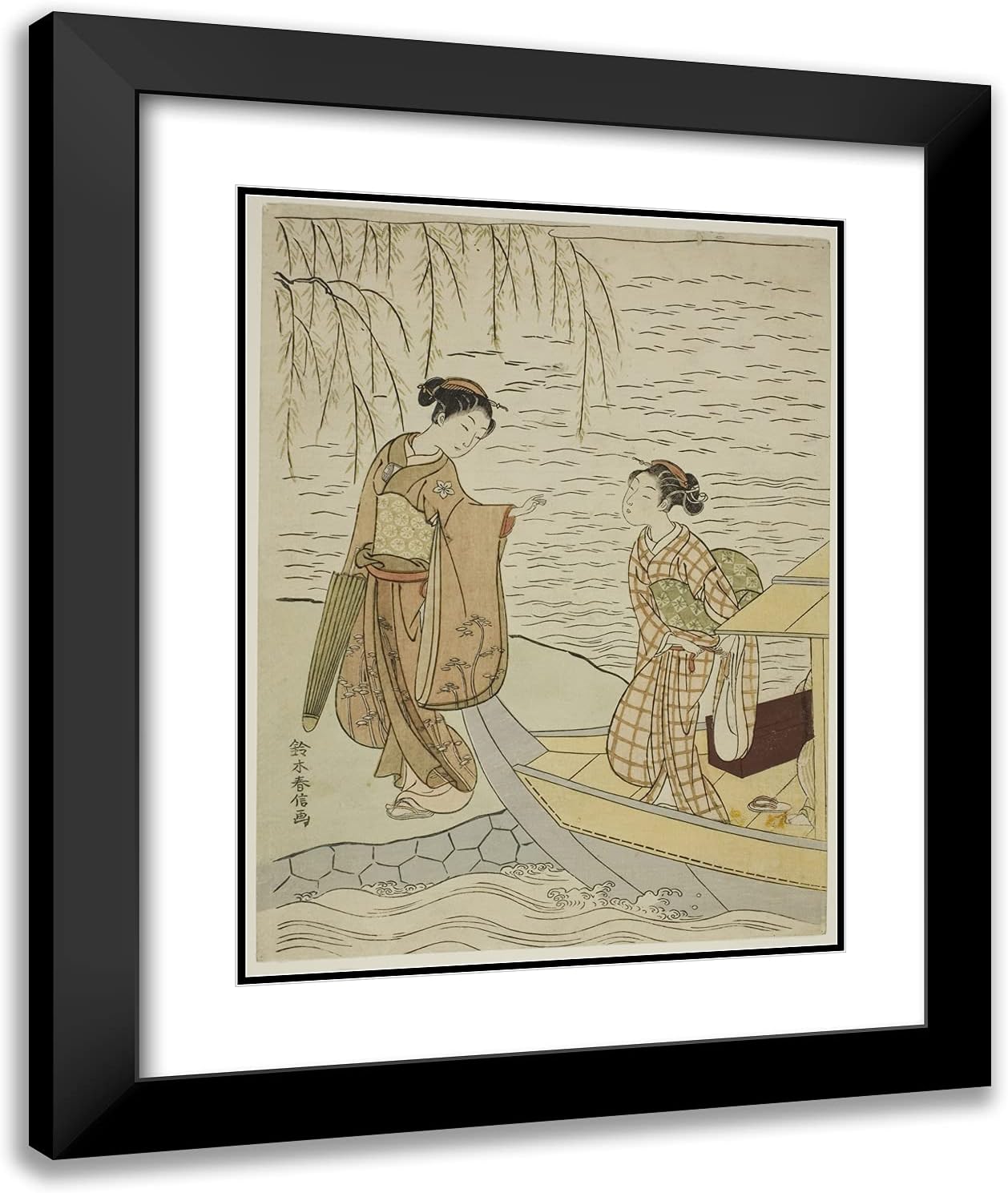 ArtDirect Suzuki Harunobu 20x24 Black Modern Framed and Double Matted Art Print Titled Two Girls Leaving a Boat