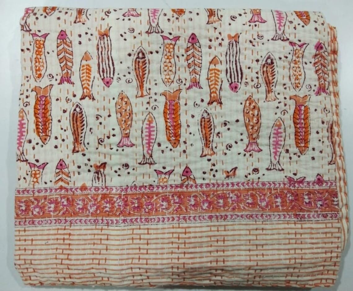 Fish Print Quilt,Indian Hand Block Print Kantha Quilt,Reversible Cotton Bedding Bedspread Twin Size Vintage Kantha Gudri Handmade gudari (Color-1, 60X90 Twin Size)