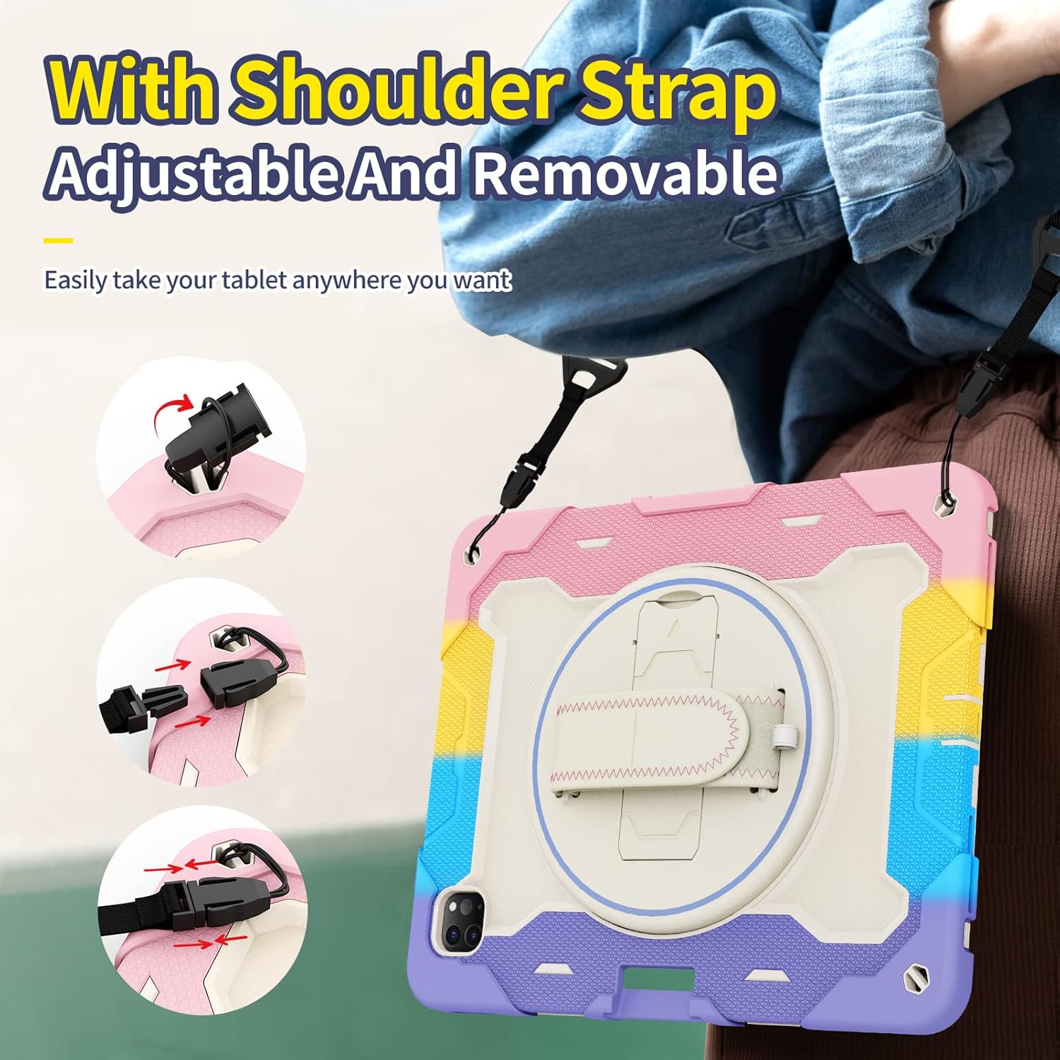 for iPad Pro 12.9 Case 2022 6th Generation,Rugged Shockproof Protective Silicone Cover for iPad Pro 12.9" 5th/4th/3rd Gen, W 360 Stand Hand Strap + Shoulder Strap,Colorful Pink