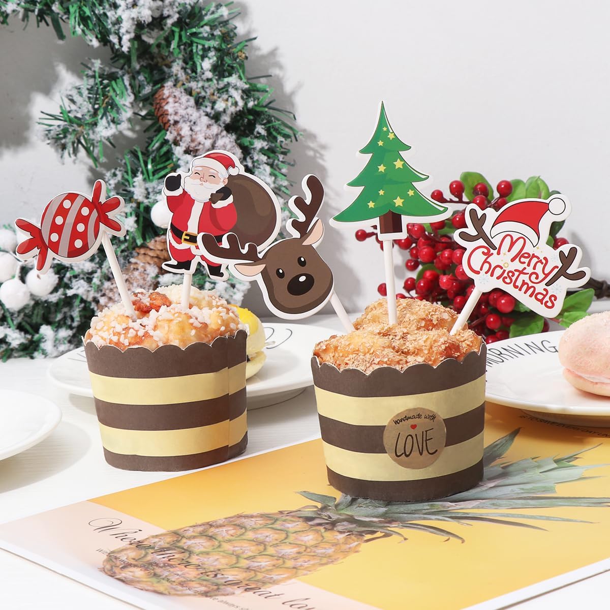 Amosfun 72PCS Christmas Cupcake Toppers,11x5cm Cake Decoration Santa Claus Tree Snowman Sock Candy Theme Party Cake Toppers Picks Christmas Decoration Supplies